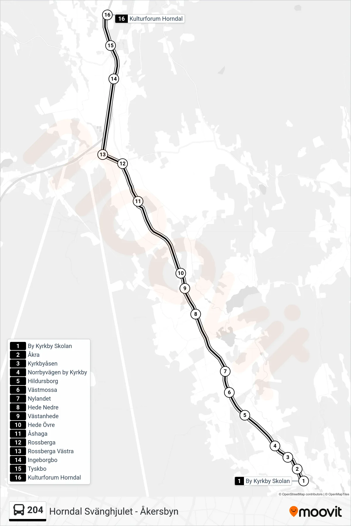 Rutt och hållplatser på karta för linje 204 spårvagn, (Kulturforum Horndal)