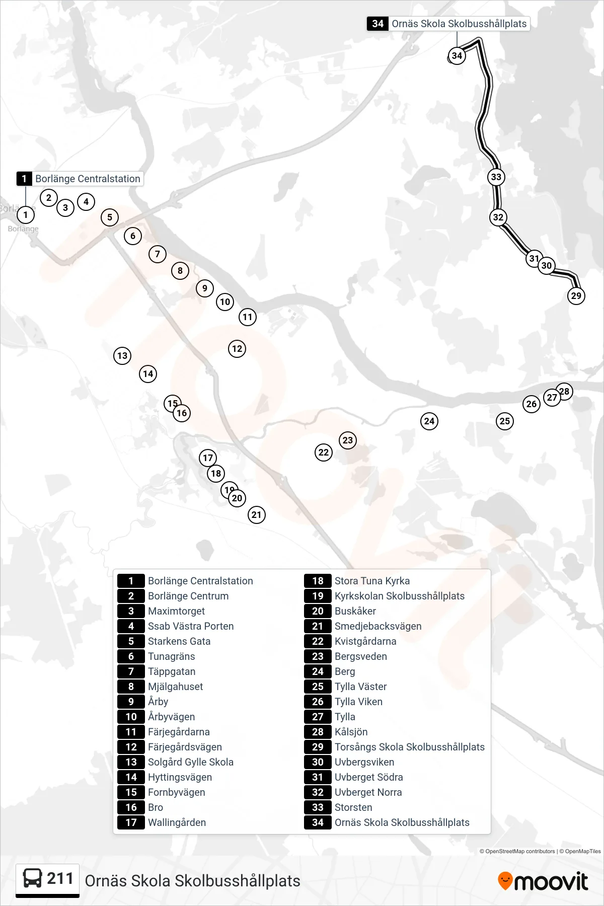 Rutt och hållplatser på karta för linje 211 spårvagn, (Ornäs Skola Skolbusshållplats)