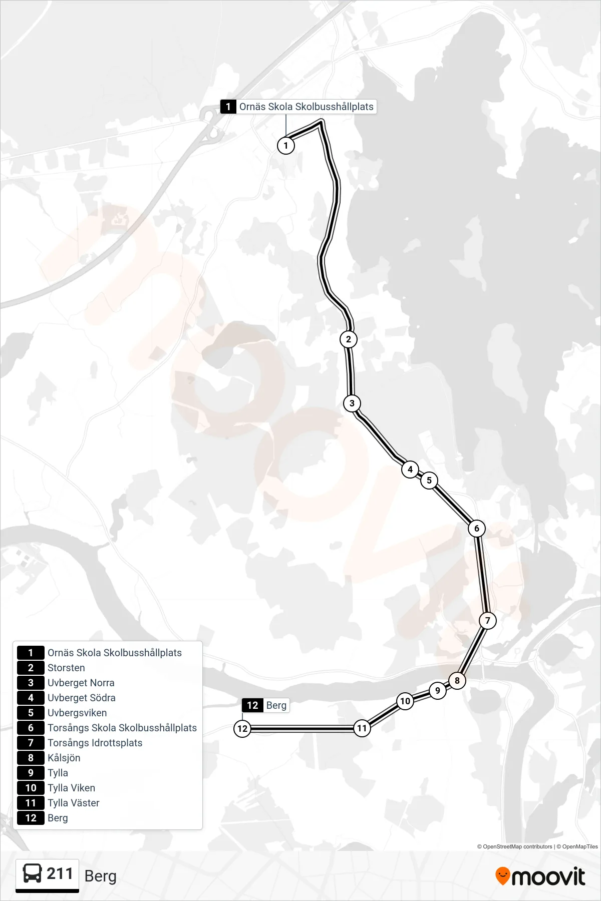 Rutt och hållplatser på karta för linje 211 spårvagn, (Berg)