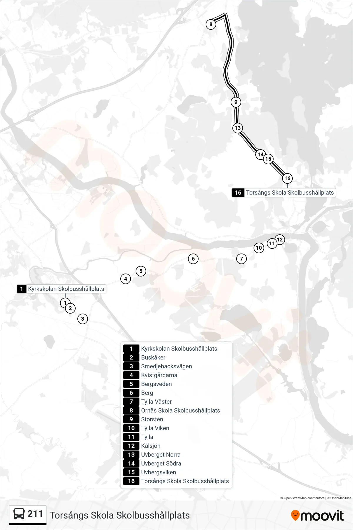 Rutt och hållplatser på karta för linje 211 spårvagn, (Torsångs Skola Skolbusshållplats)