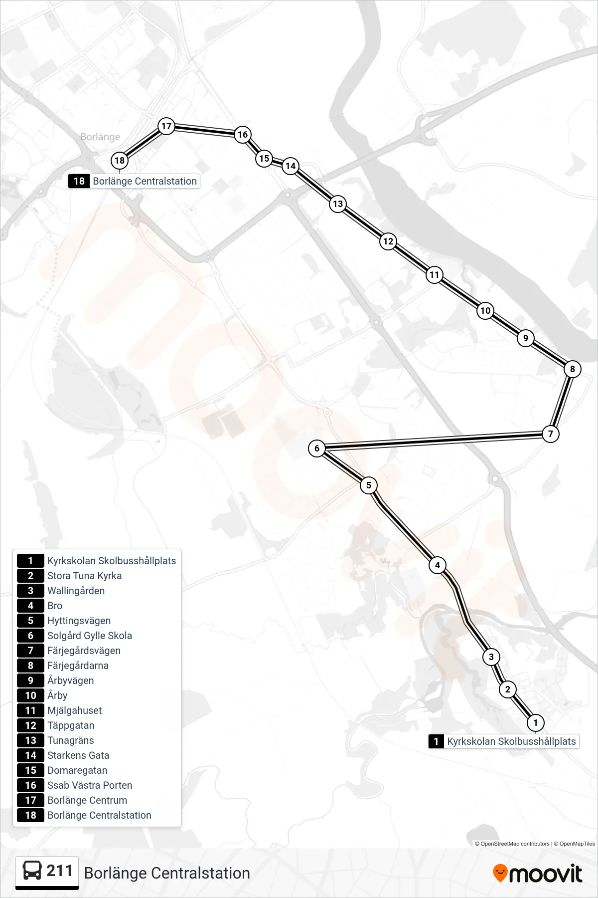 Rutt och hållplatser på karta för linje 211 spårvagn, (Borlänge Centralstation)