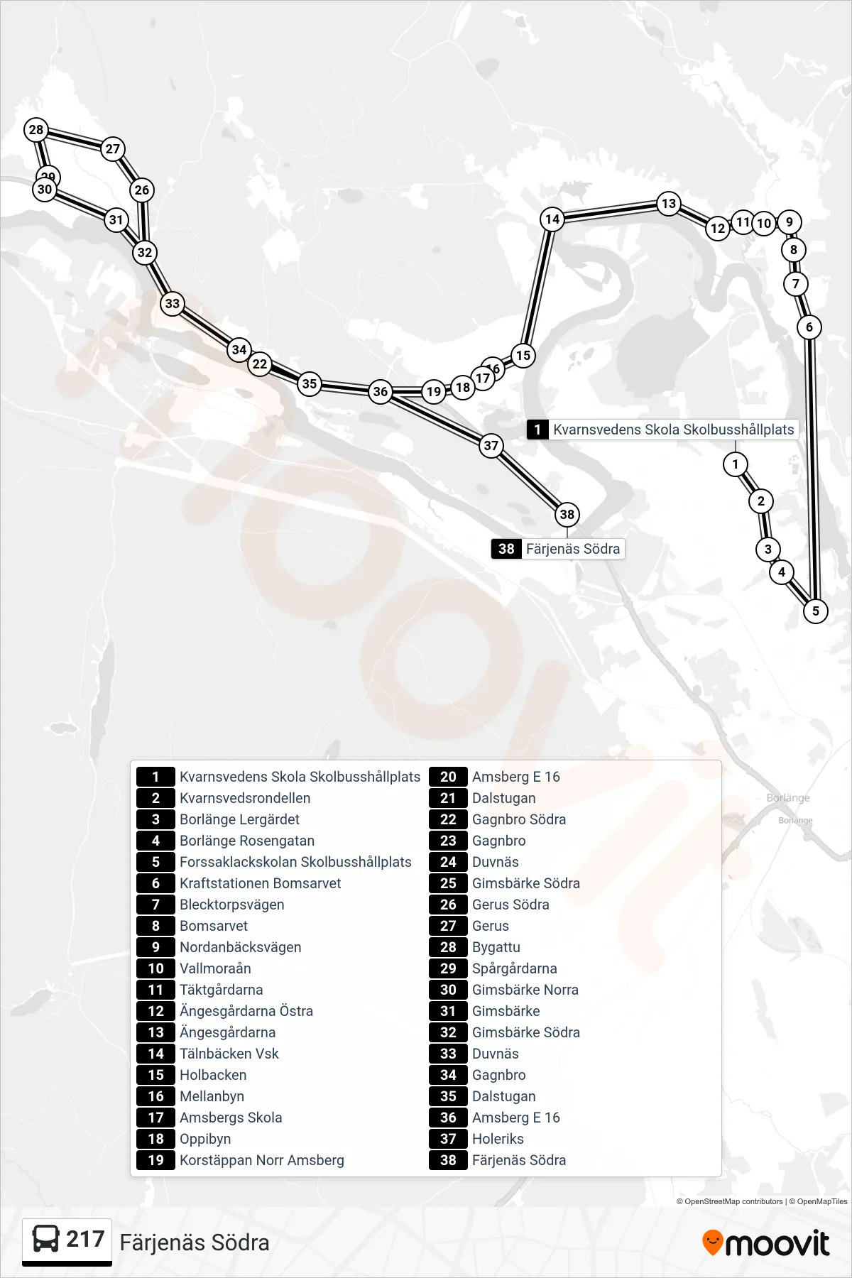 Rutt och hållplatser på karta för linje 217 spårvagn, (Färjenäs Södra)