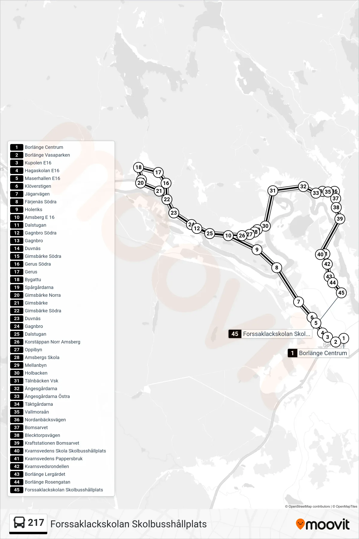 Rutt och hållplatser på karta för linje 217 spårvagn, (Forssaklackskolan Skolbusshållplats)