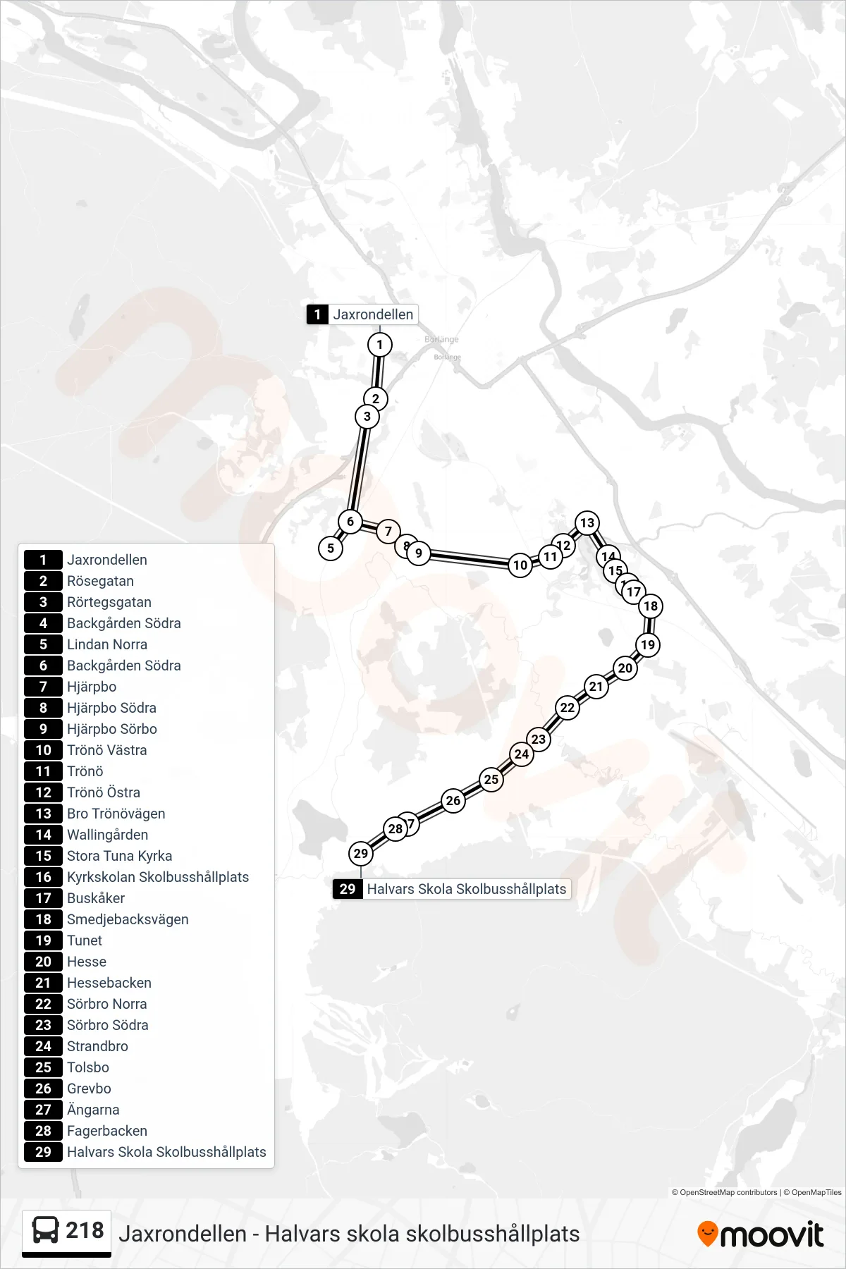 Rutt och hållplatser på karta för linje 218 spårvagn, (Halvars Skola Skolbusshållplats)