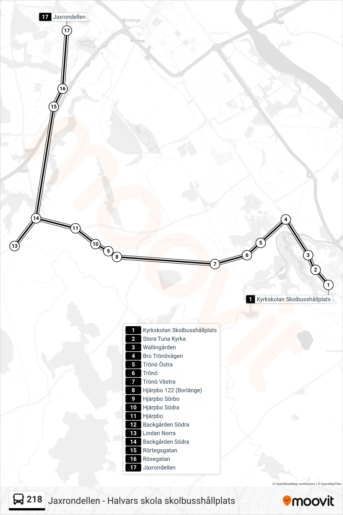 Rutt och hållplatser på karta för linje 218 spårvagn, (Jaxrondellen)