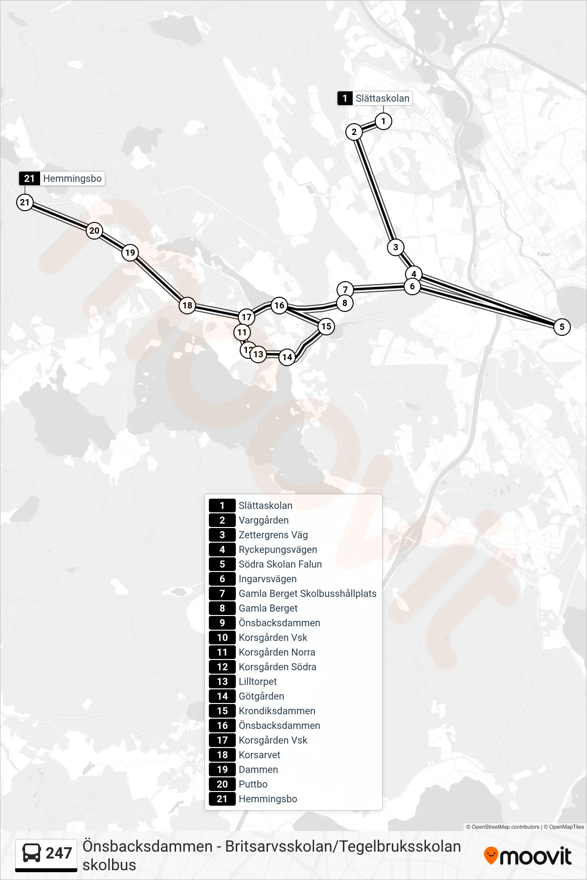 Rutt och hållplatser på karta för linje 247  spårvagn, (Hemmingsbo)