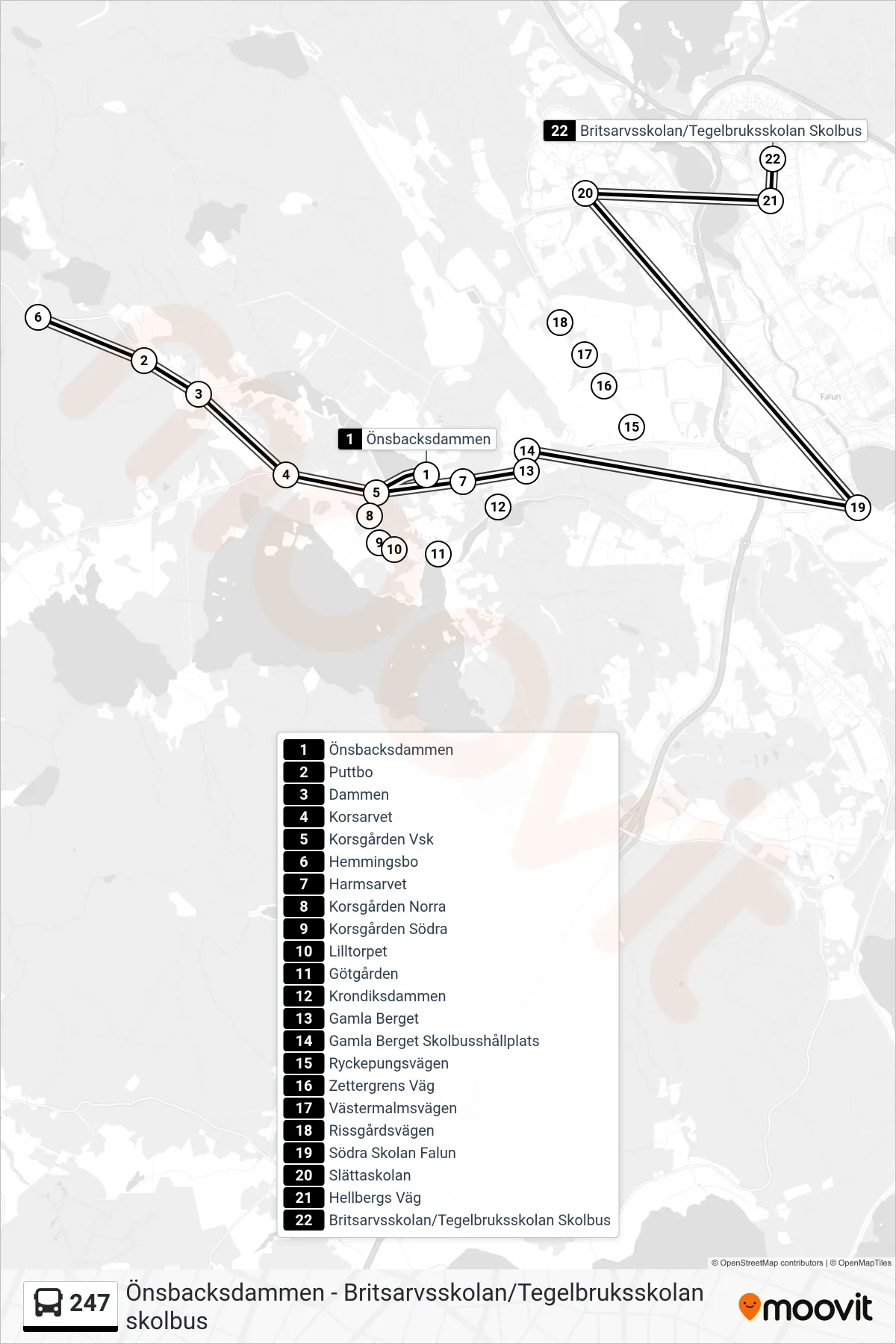 Rutt och hållplatser på karta för linje 247  spårvagn, (Britsarvsskolan/Tegelbruksskolan Skolbus)