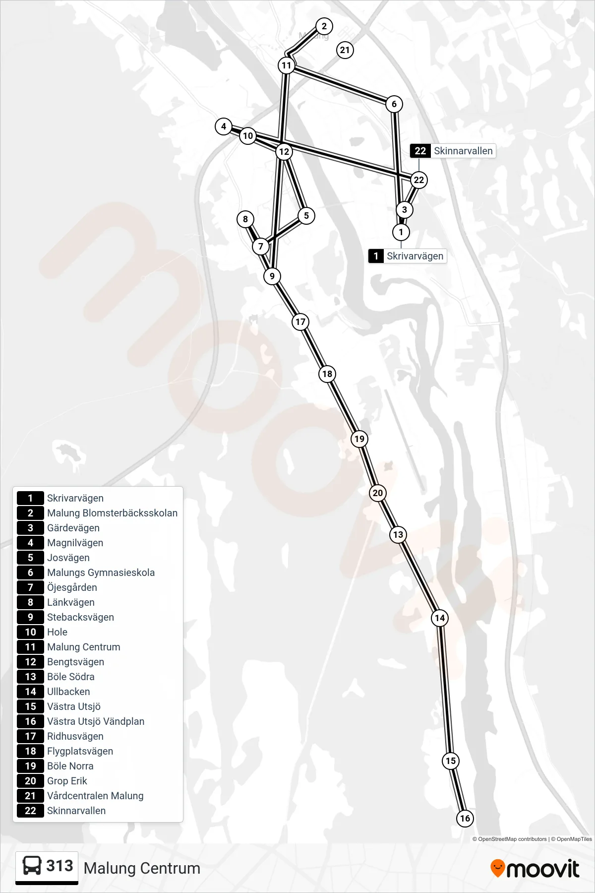 Rutt och hållplatser på karta för linje 313 spårvagn, (Malung Centrum)