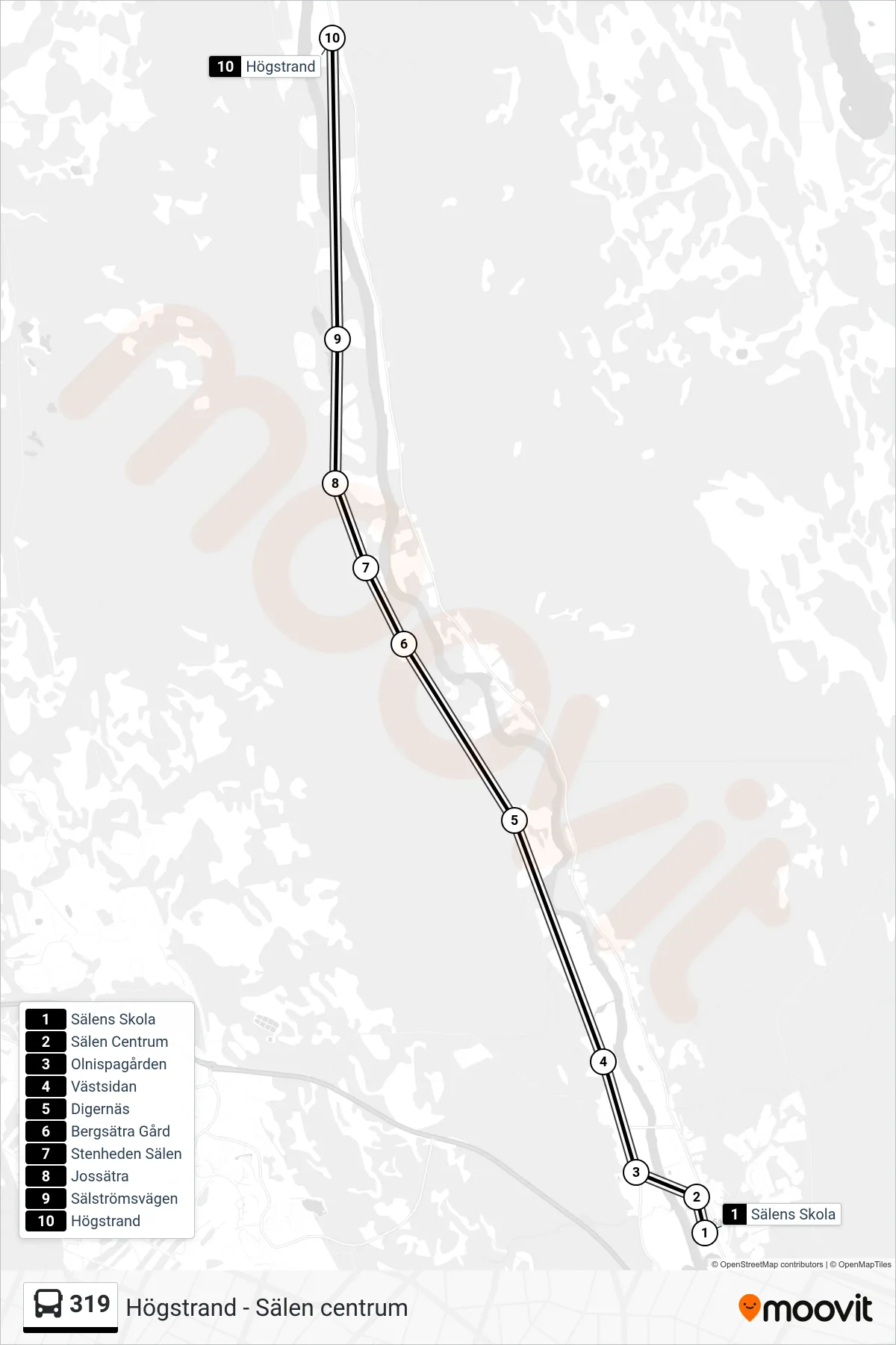 Rutt och hållplatser på karta för linje 319 spårvagn, (Högstrand)