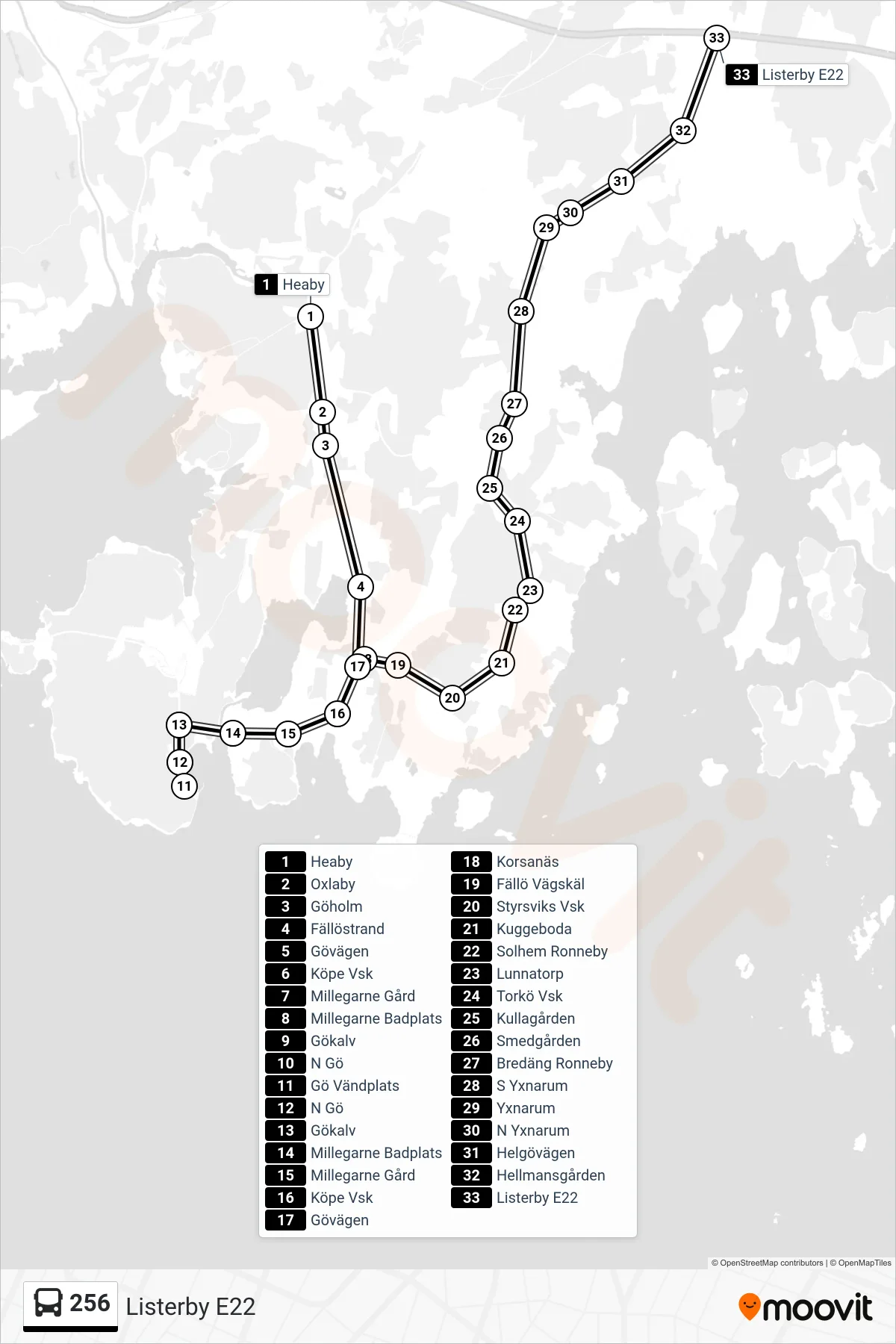 Rutt och hållplatser på karta för linje 256 buss, (Listerby E22)