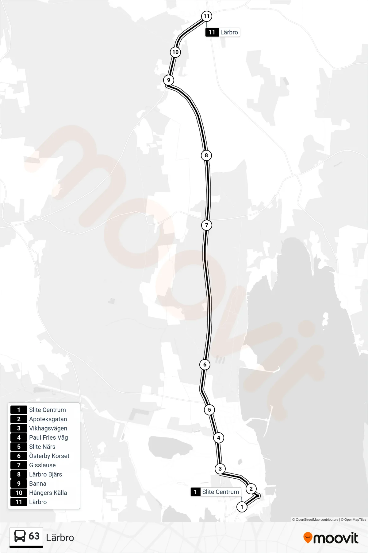 Rutt och hållplatser på karta för linje 63 spårvagn, (Lärbro)