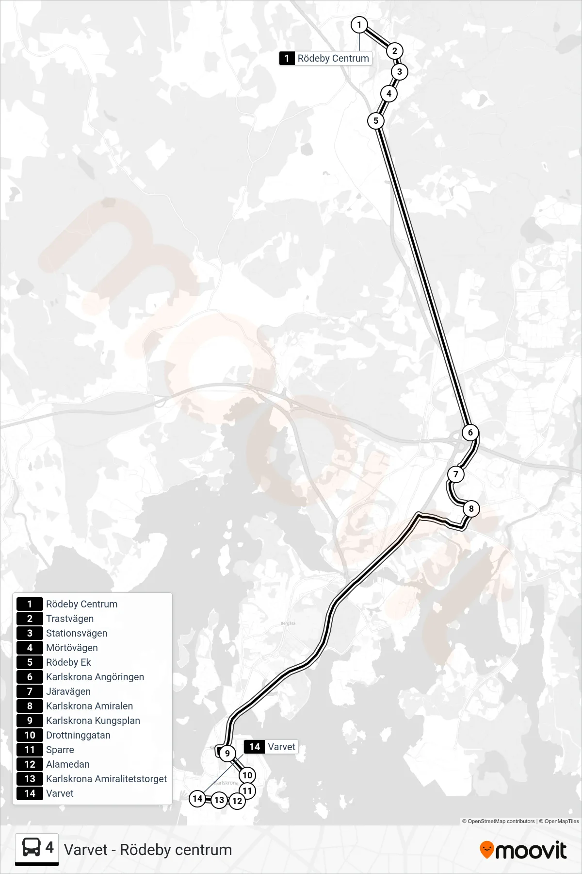 Rutt och hållplatser på karta för linje 4 buss, (Varvet)