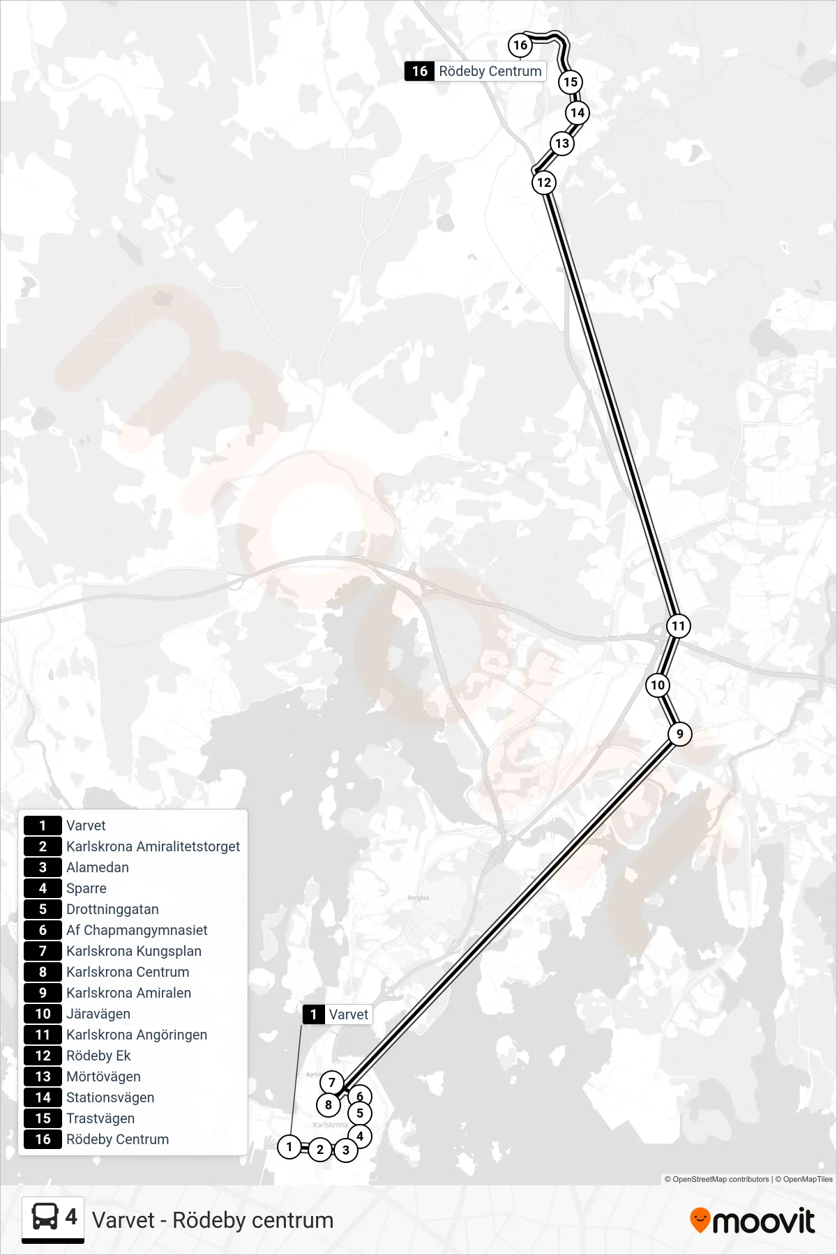 Rutt och hållplatser på karta för linje 4  buss, (Rödeby Centrum)