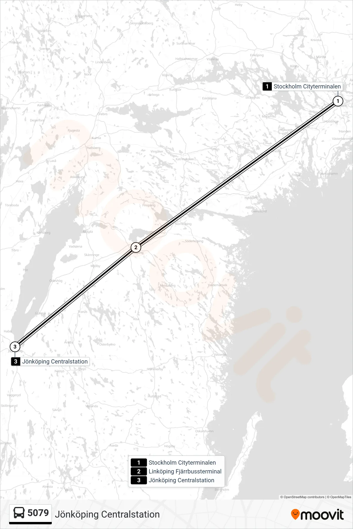 Rutt och hållplatser på karta för linje 5079  spårvagn, (Jönköping Centralstation)