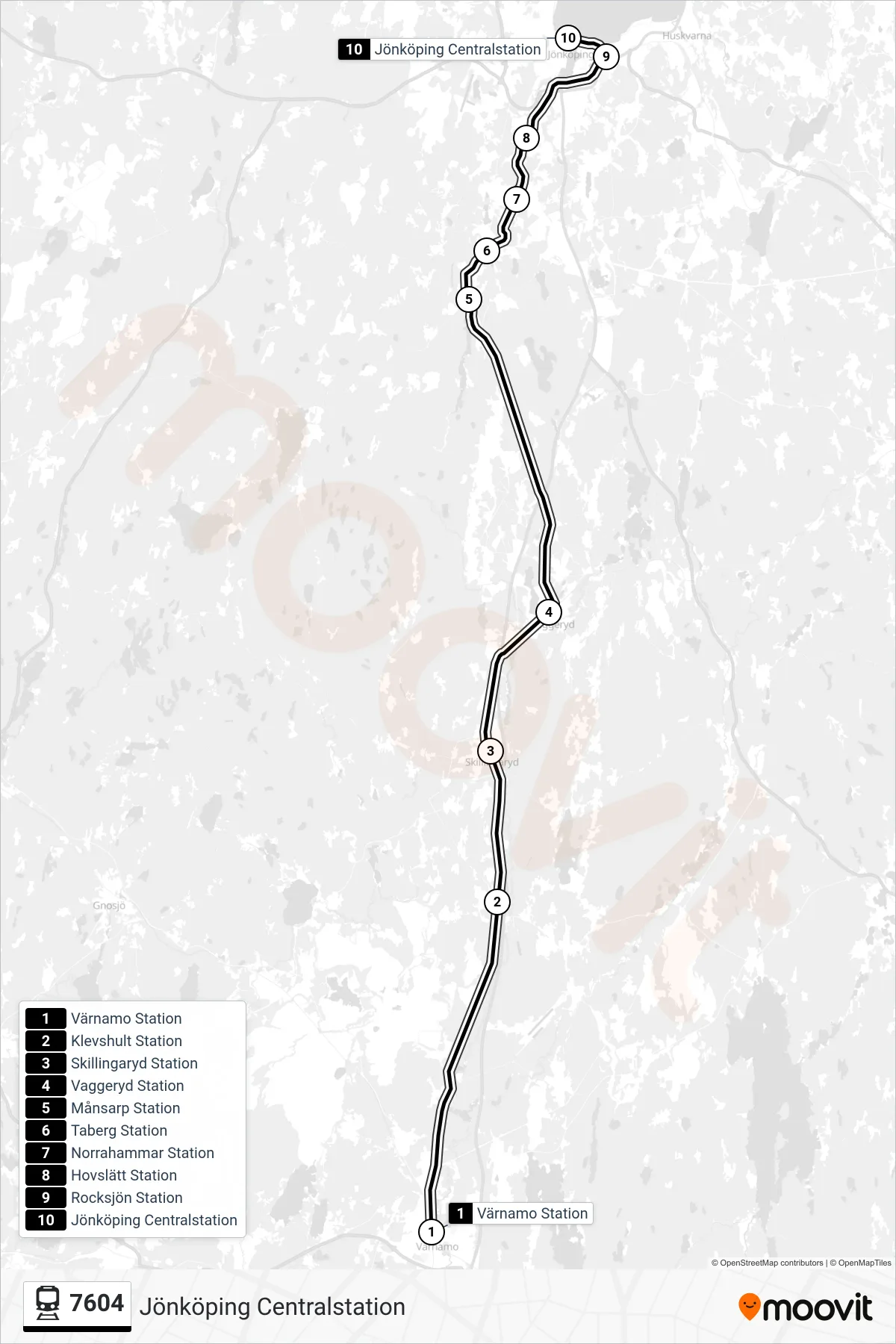 Rutt och hållplatser på karta för linje 7604  spårvagn, (Jönköping Centralstation)