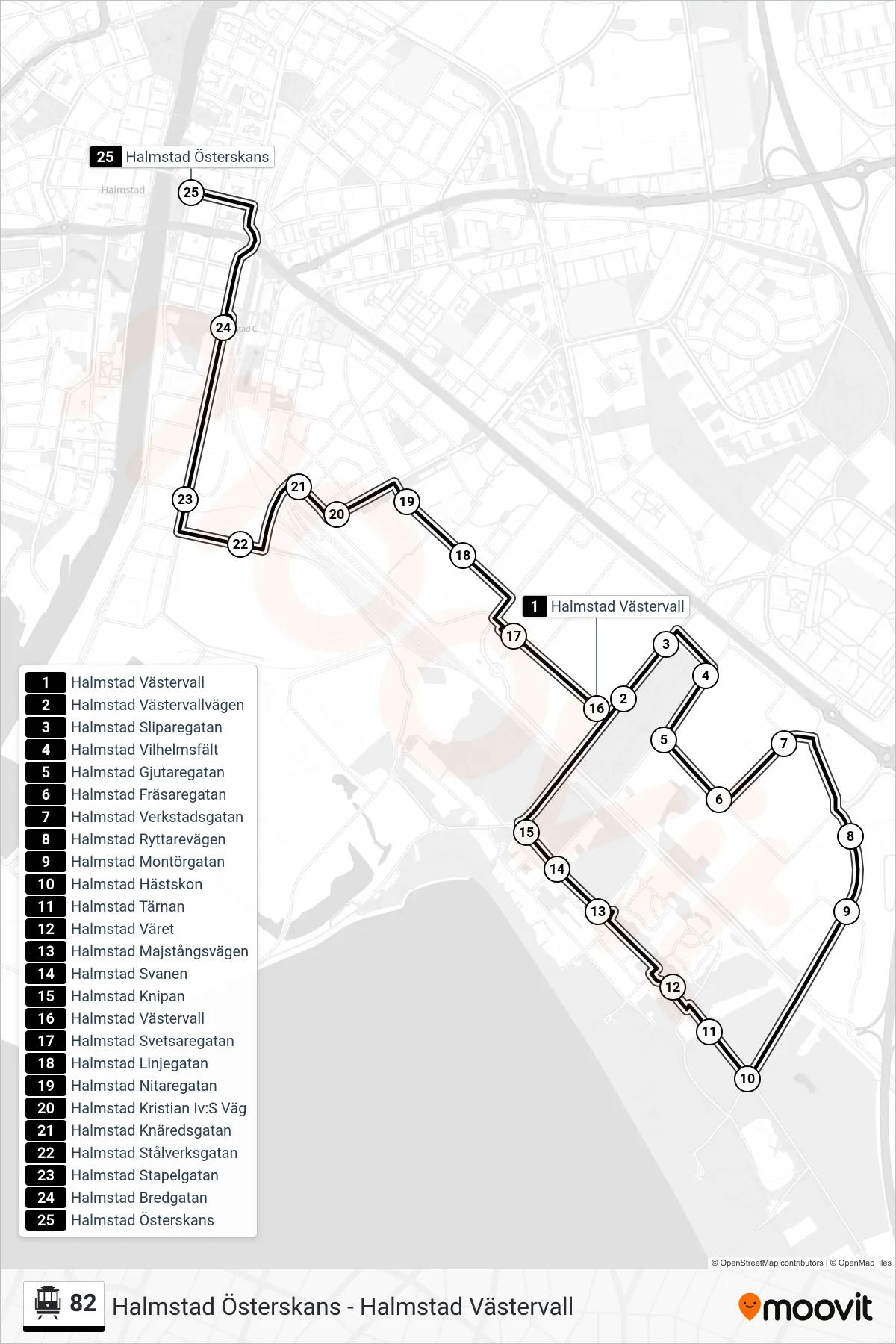 Rutt och hållplatser på karta för linje 82 spårvagn, (Halmstad Österskans)