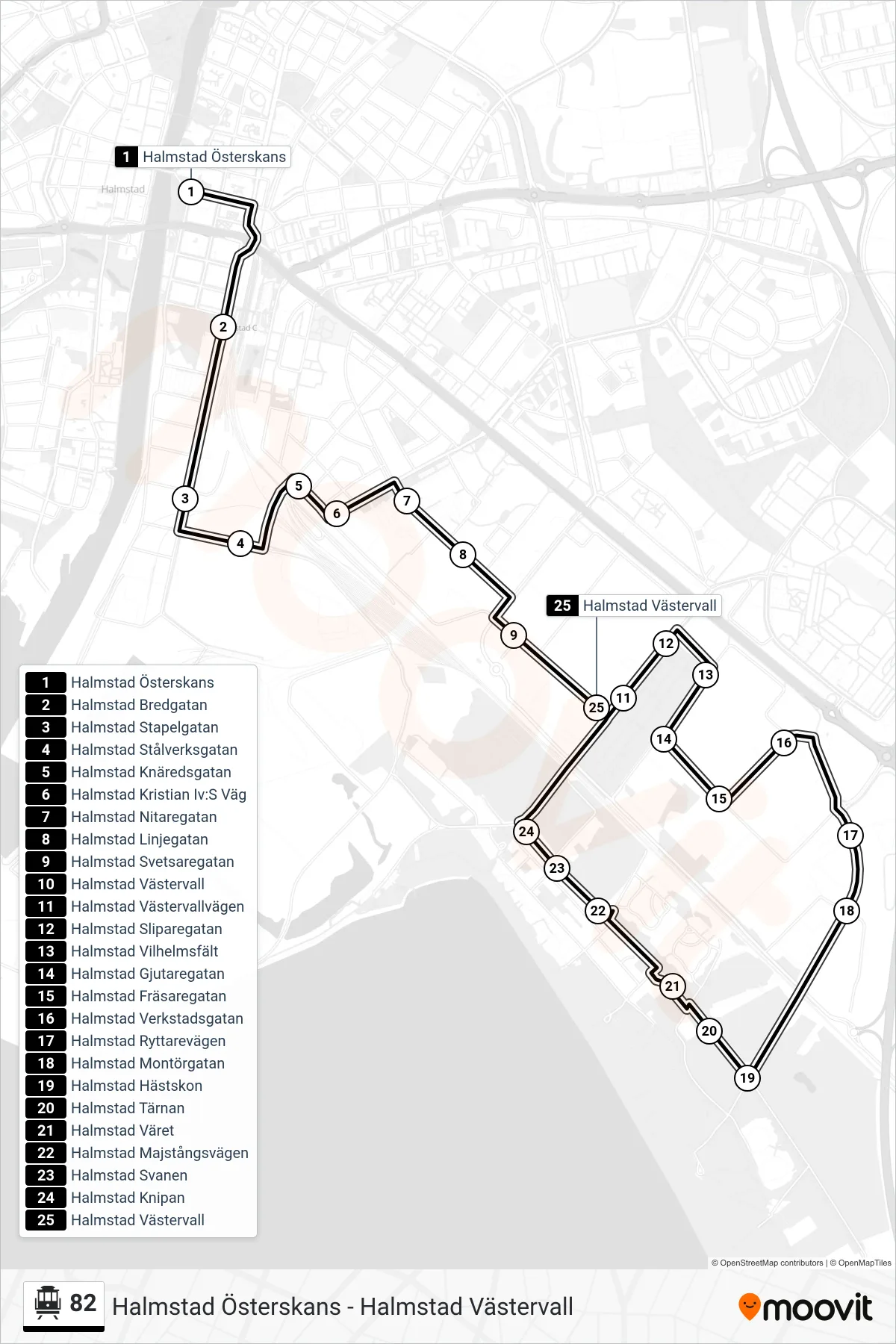 Rutt och hållplatser på karta för linje 82  spårvagn, (Halmstad Västervall)