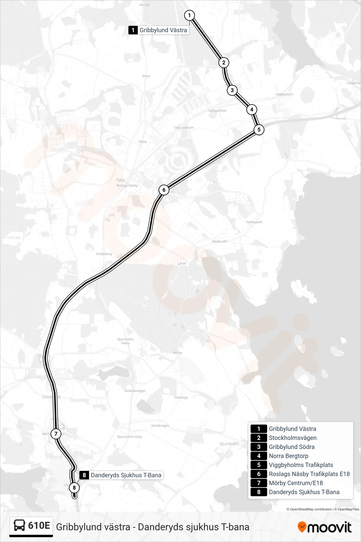 Rutt och hållplatser på karta för linje 610E buss, (Danderyds Sjukhus T-Bana)
