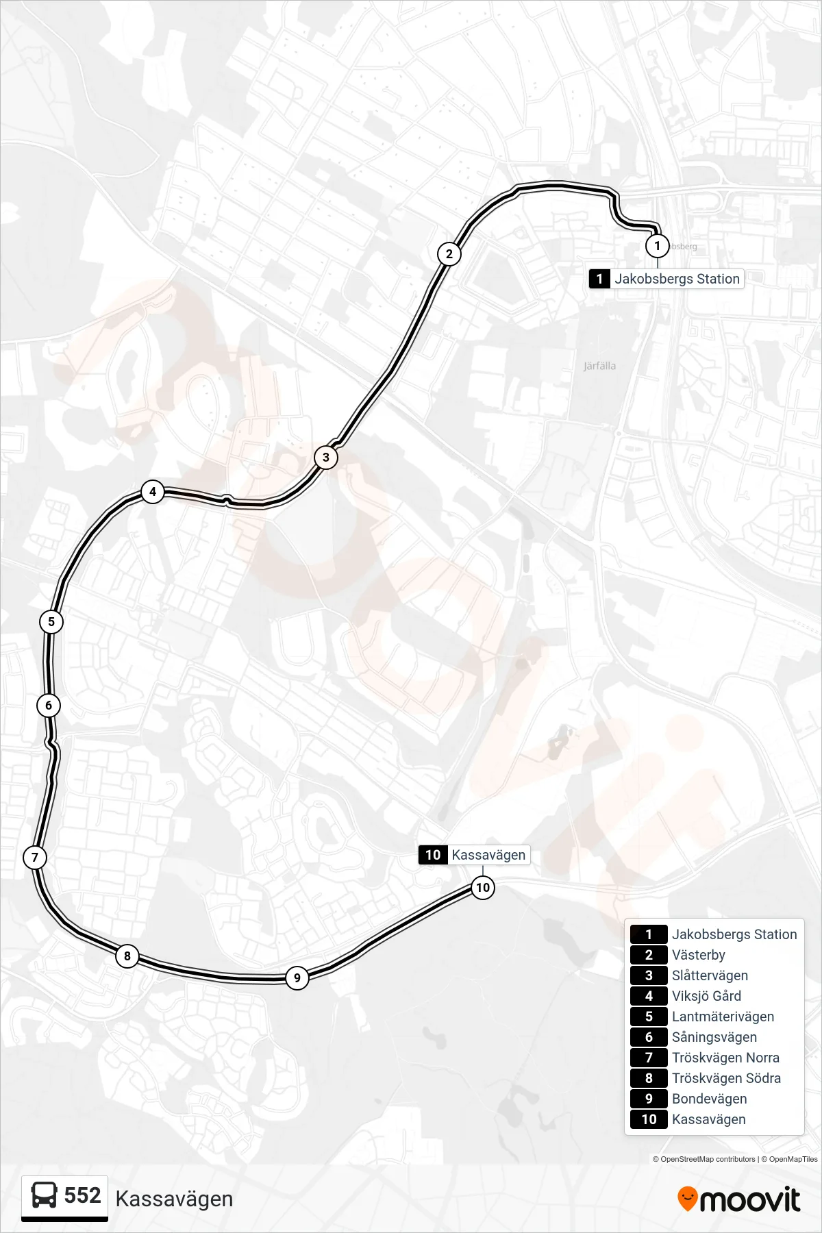 Rutt och hållplatser på karta för linje 552 buss, (Kassavägen)