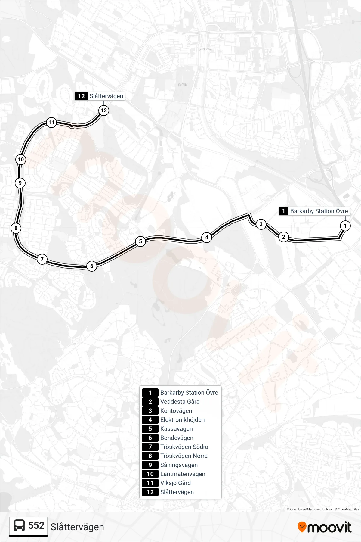Rutt och hållplatser på karta för linje 552 buss, (Slåttervägen)