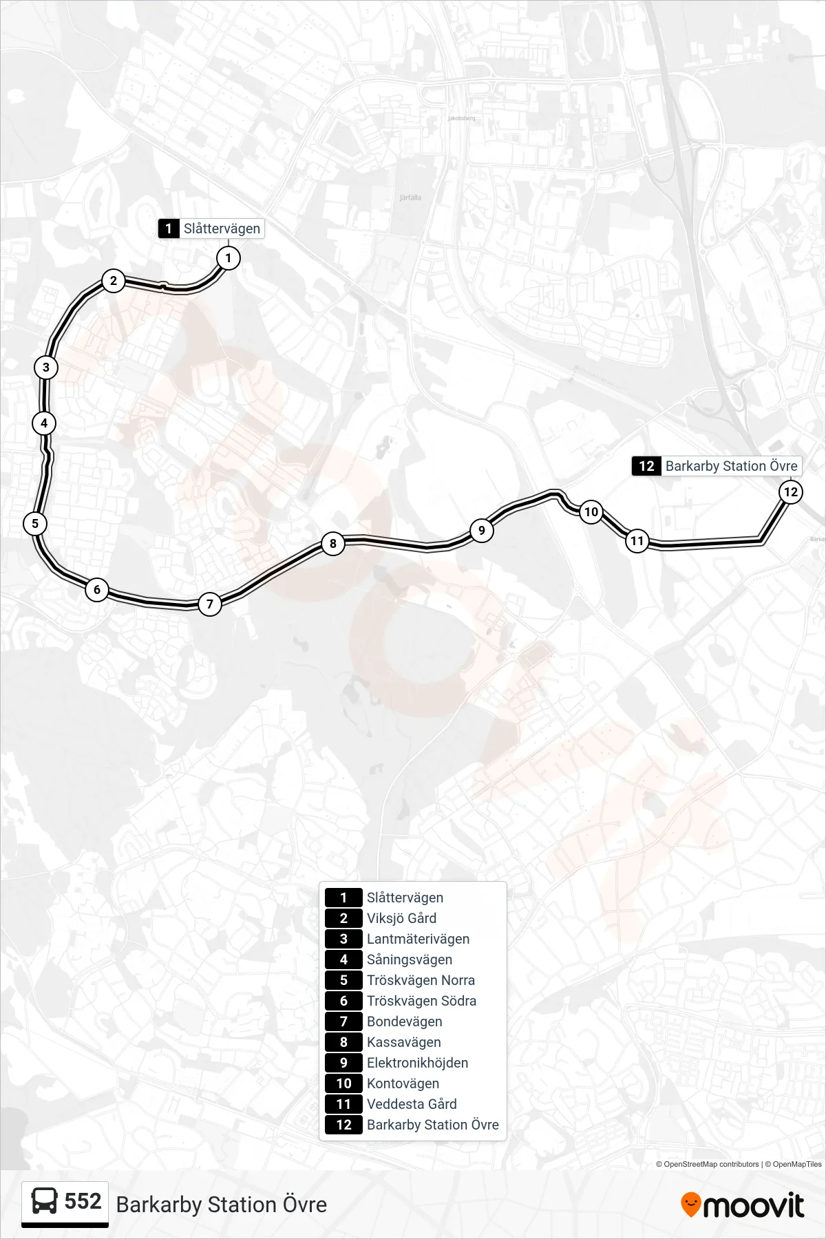 Rutt och hållplatser på karta för linje 552  buss, (Barkarby Station Övre)