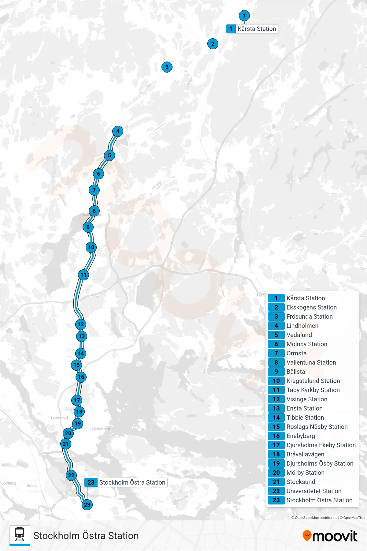 Rutt och hållplatser på karta för linje 27S  tåg, (Stockholm Östra Station)