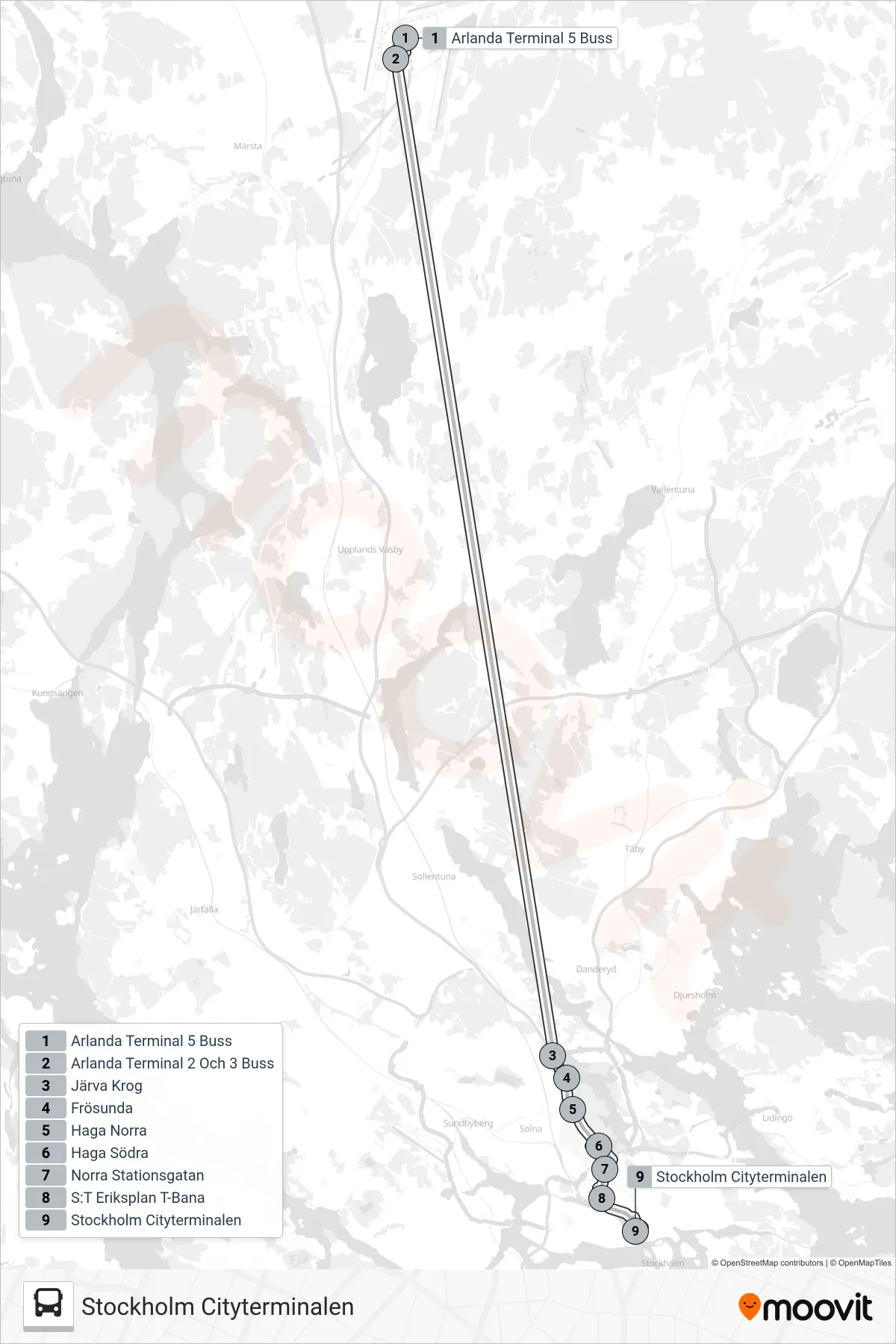 Rutt och hållplatser på karta för linje 960 buss, (Stockholm Cityterminalen)