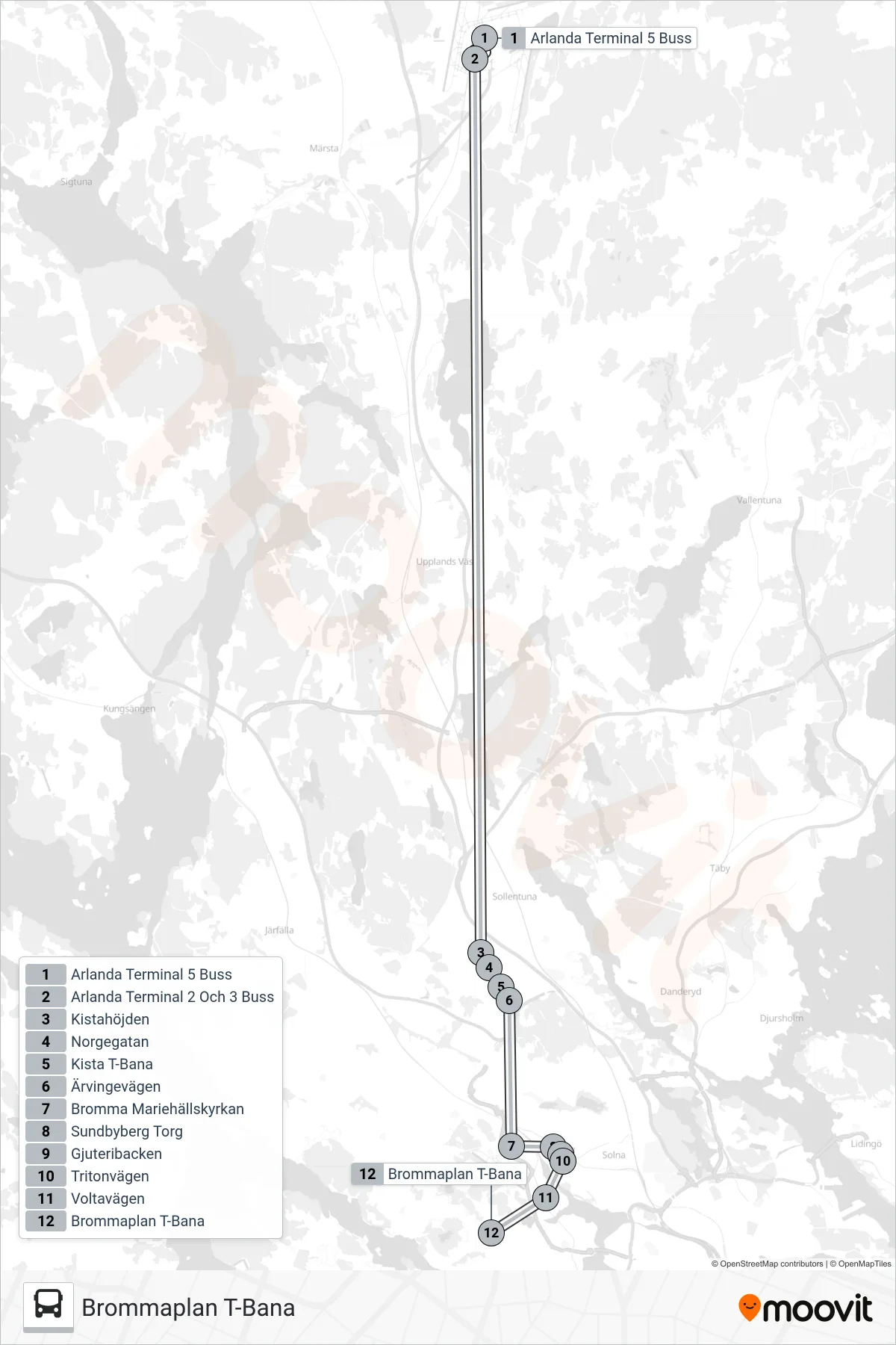 Rutt och hållplatser på karta för linje 985 buss, (Brommaplan T-Bana)