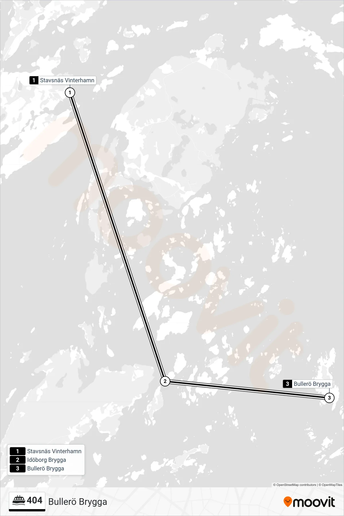 Rutt och hållplatser på karta för linje 404 spårvagn, (Bullerö Brygga)