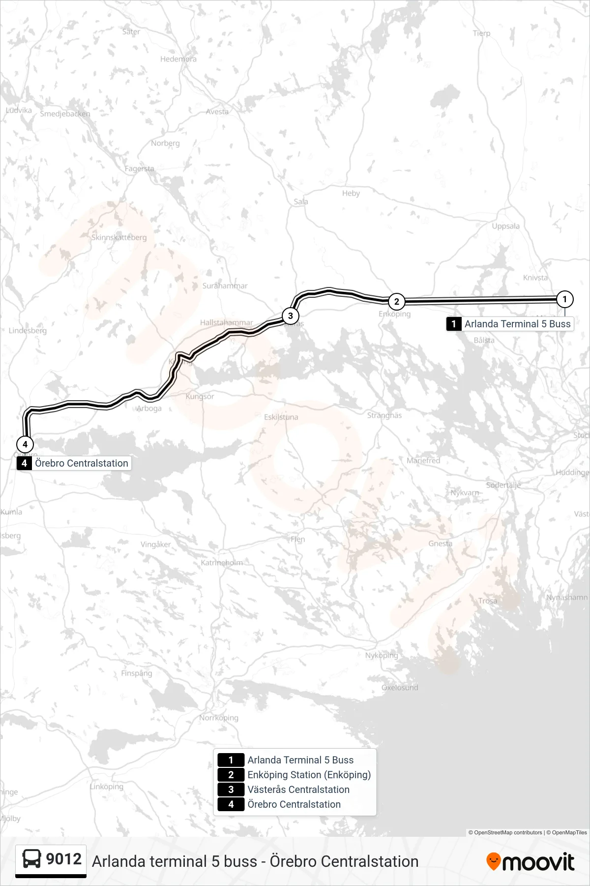 Rutt och hållplatser på karta för linje 9012  buss, (Örebro Centralstation)