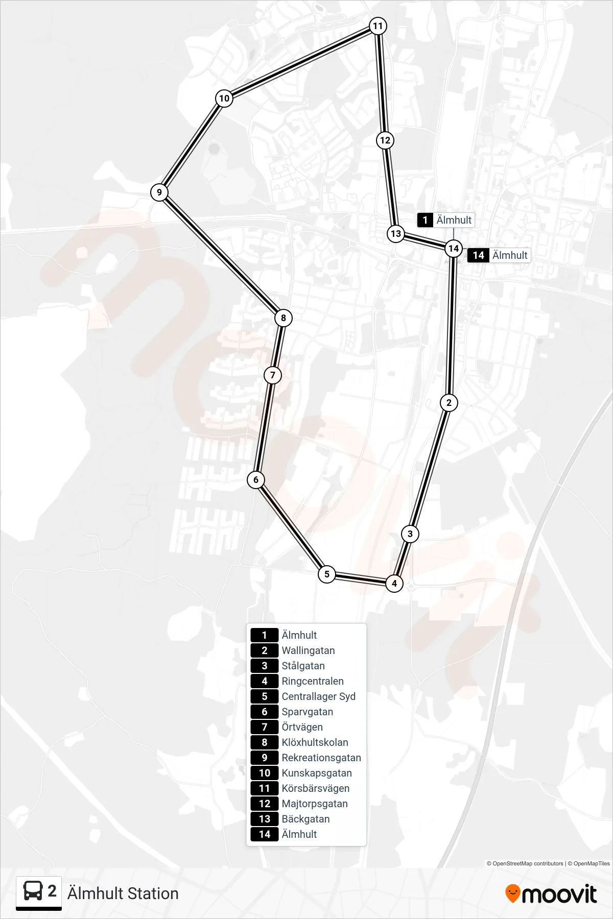 Rutt och hållplatser på karta för linje 2 buss, (Älmhult Station)
