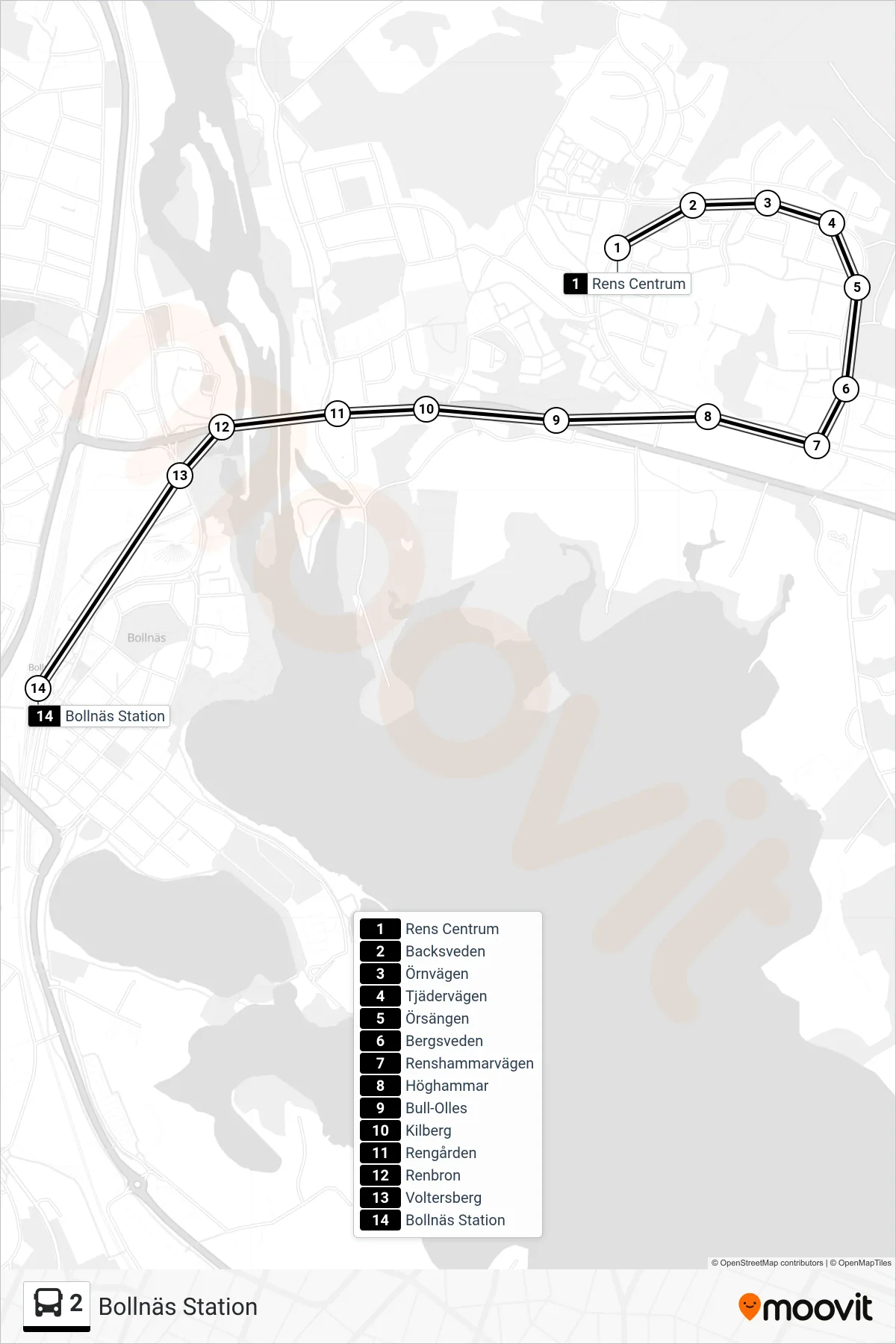 Rutt och hållplatser på karta för linje 2 spårvagn, (Bollnäs Station)