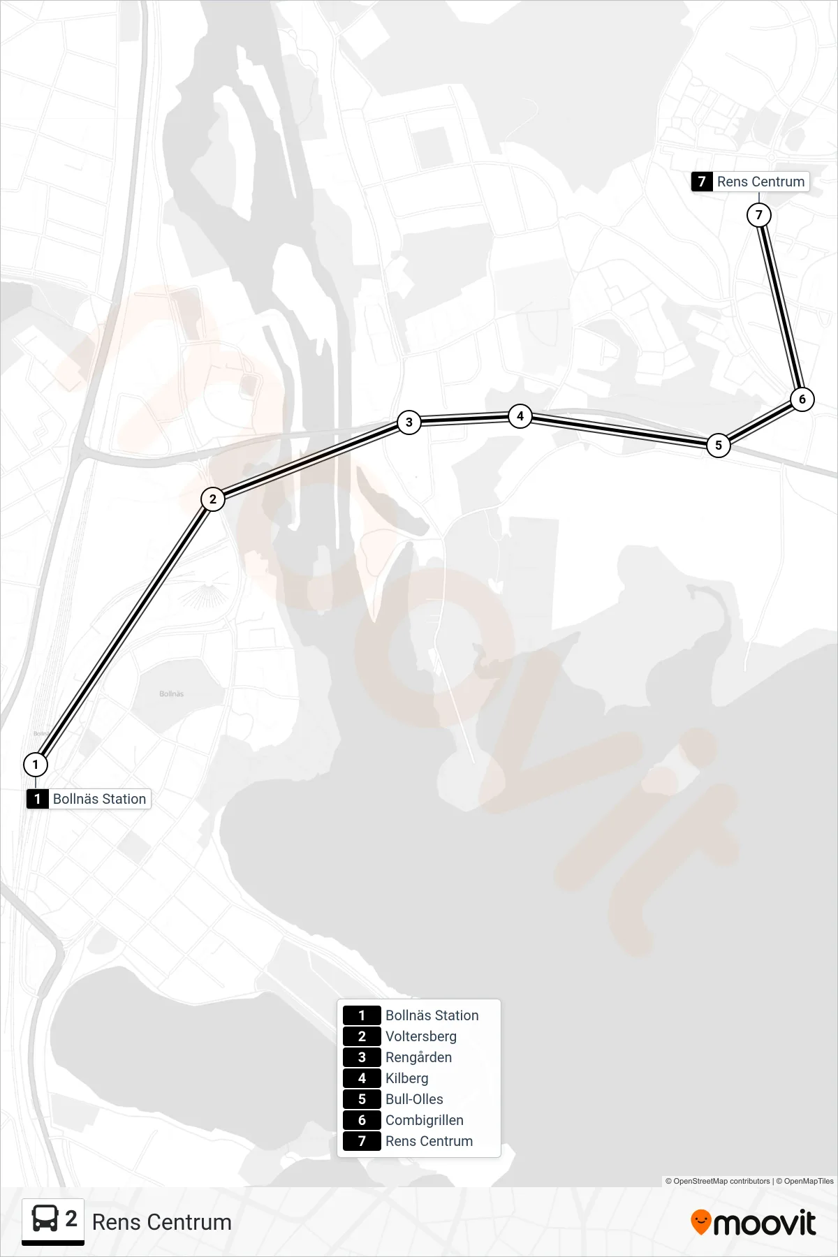 Rutt och hållplatser på karta för linje 2 spårvagn, (Rens Centrum)