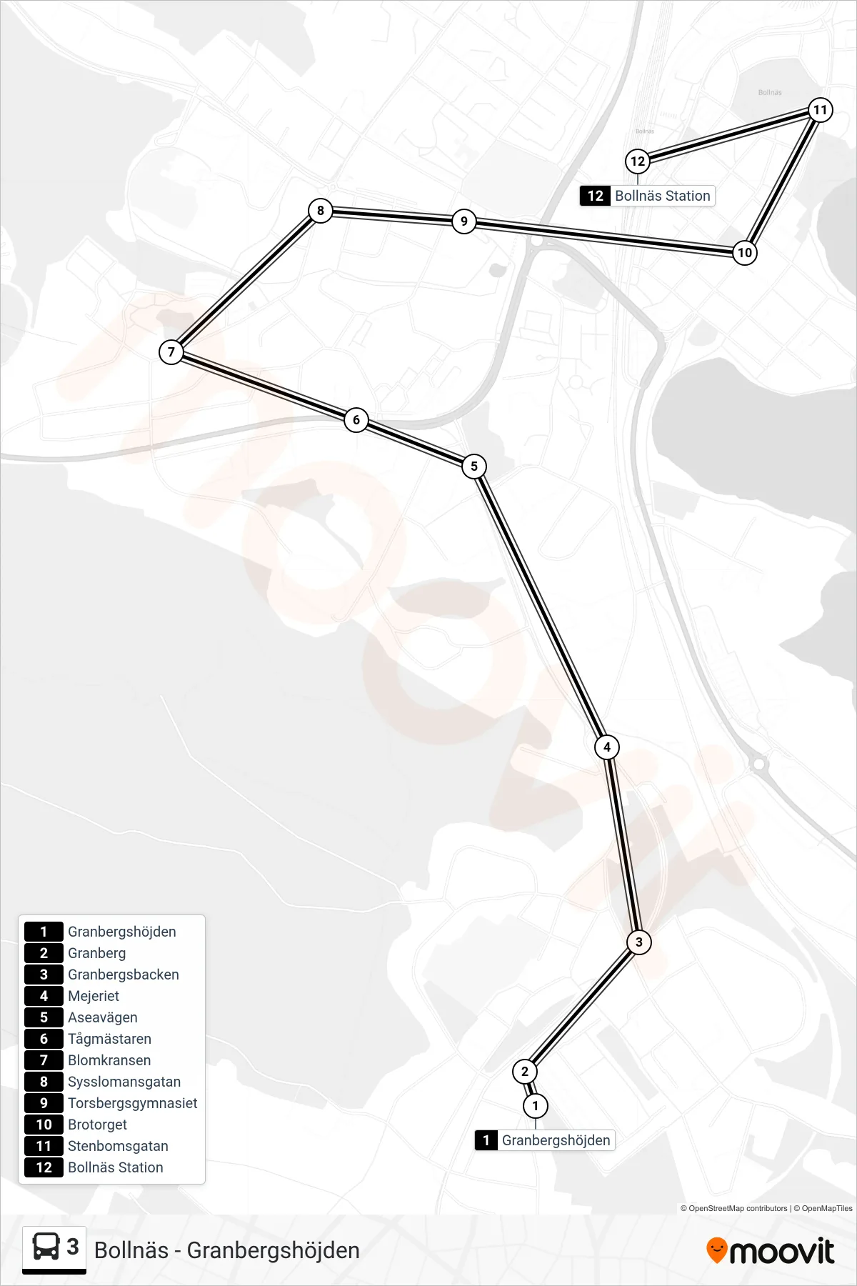 Rutt och hållplatser på karta för linje 3 spårvagn, (Bollnäs Station)