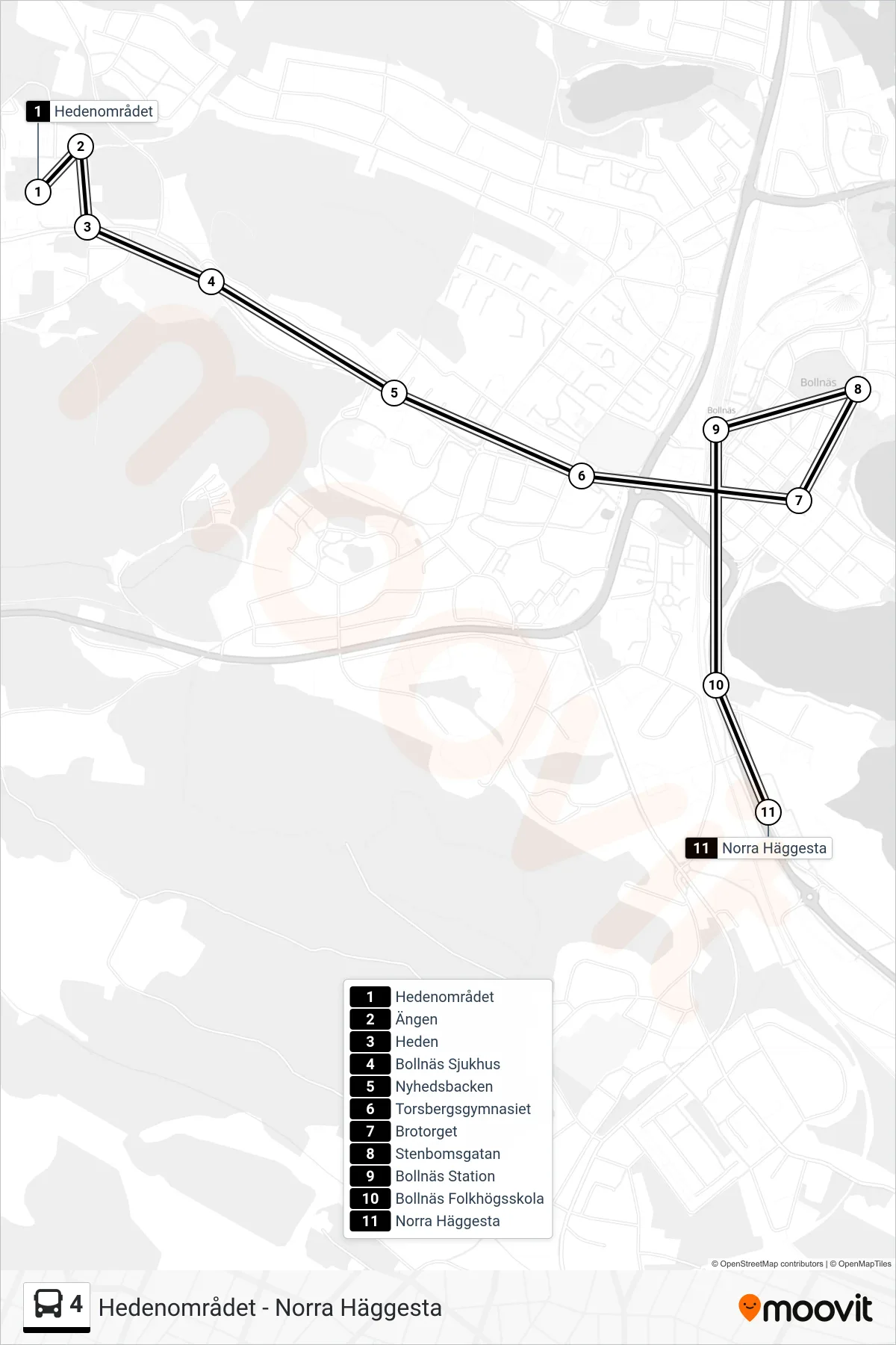Rutt och hållplatser på karta för linje 4  spårvagn, (Norra Häggesta)