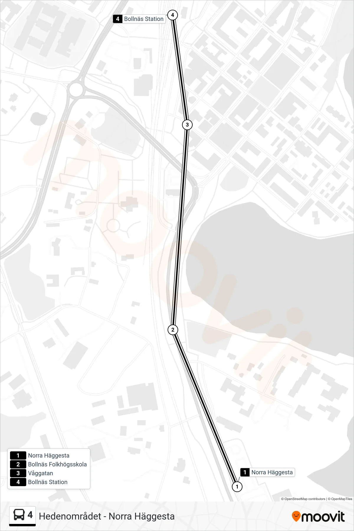 Rutt och hållplatser på karta för linje 4  spårvagn, (Bollnäs Station)