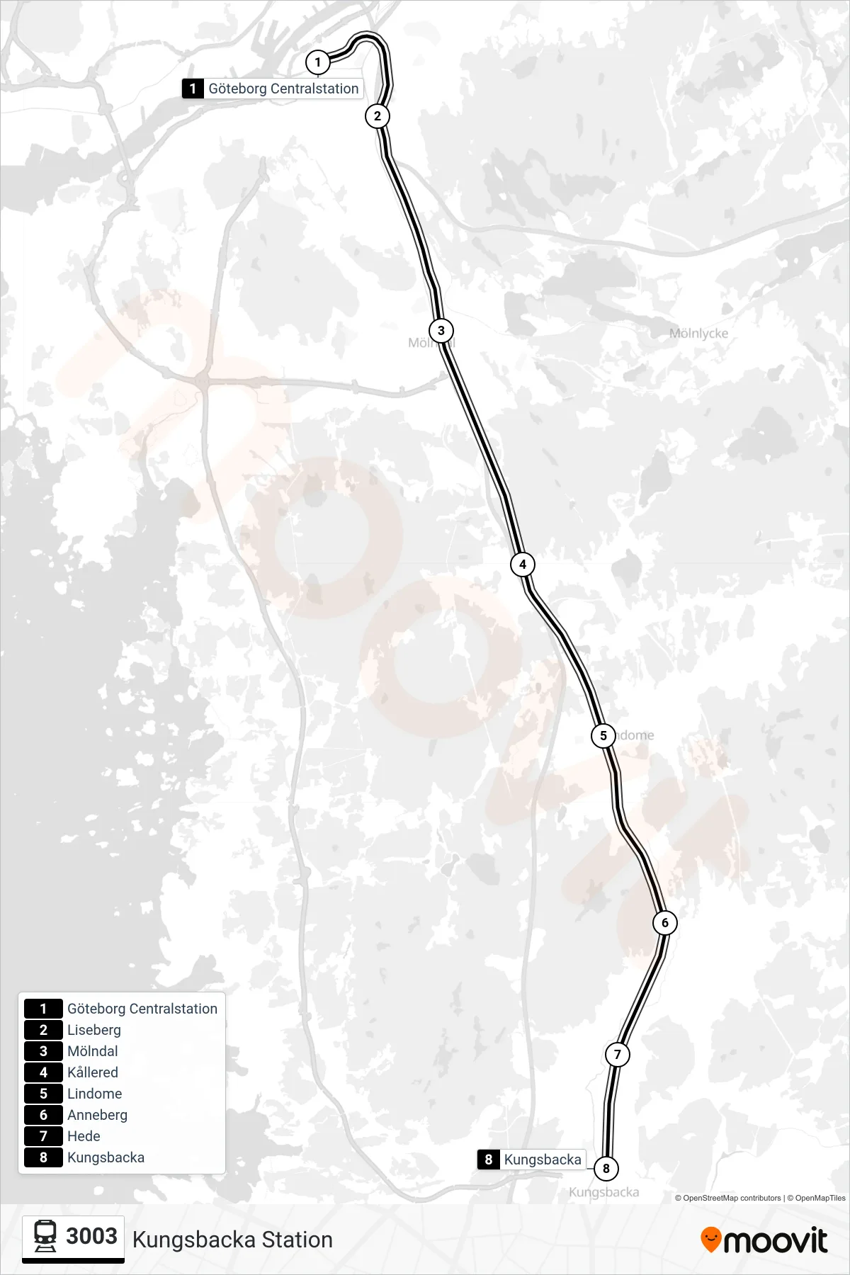 Rutt och hållplatser på karta för linje 3003 spårvagn, (Kungsbacka Station)