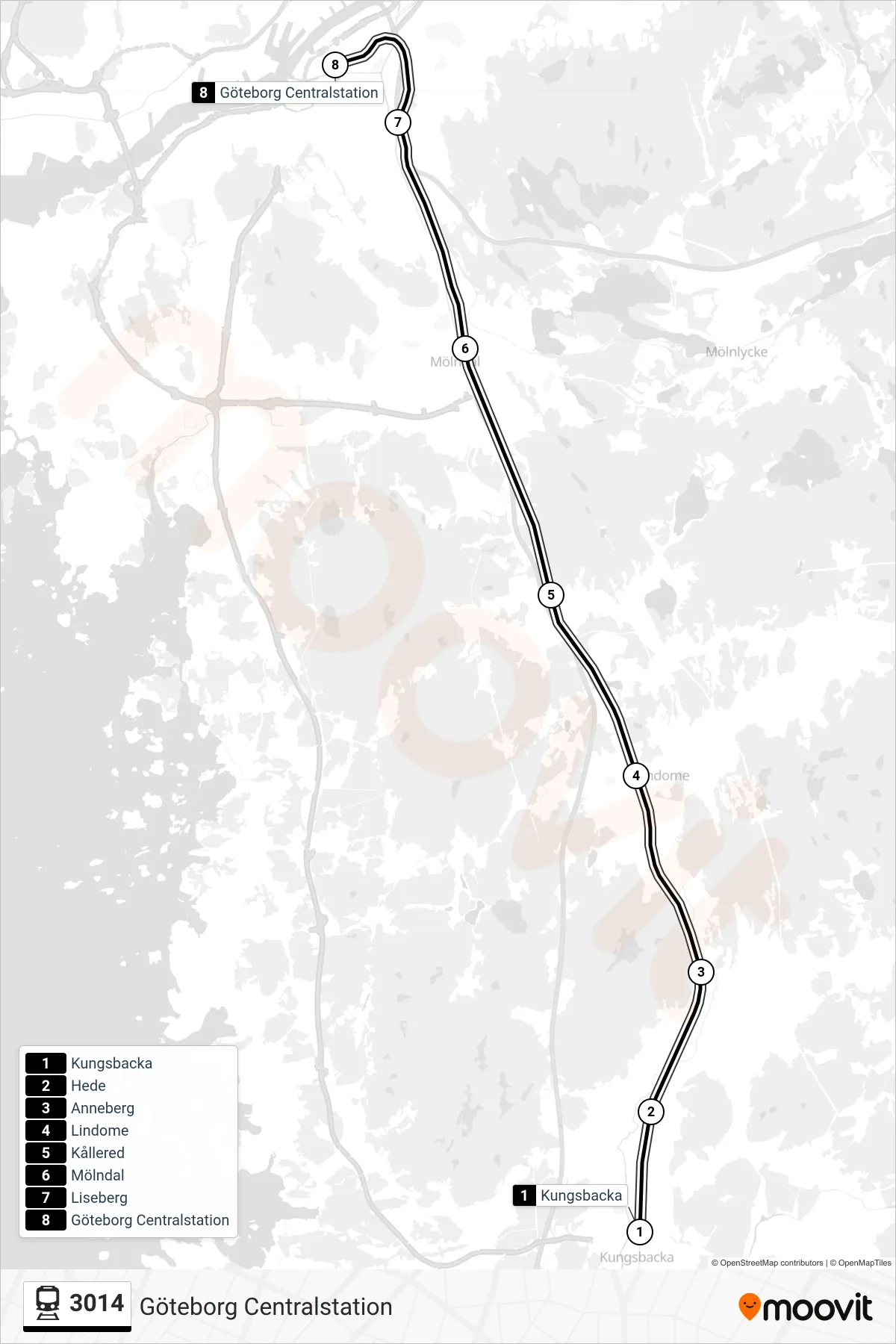 Rutt och hållplatser på karta för linje 3014  spårvagn, (Göteborg Centralstation)