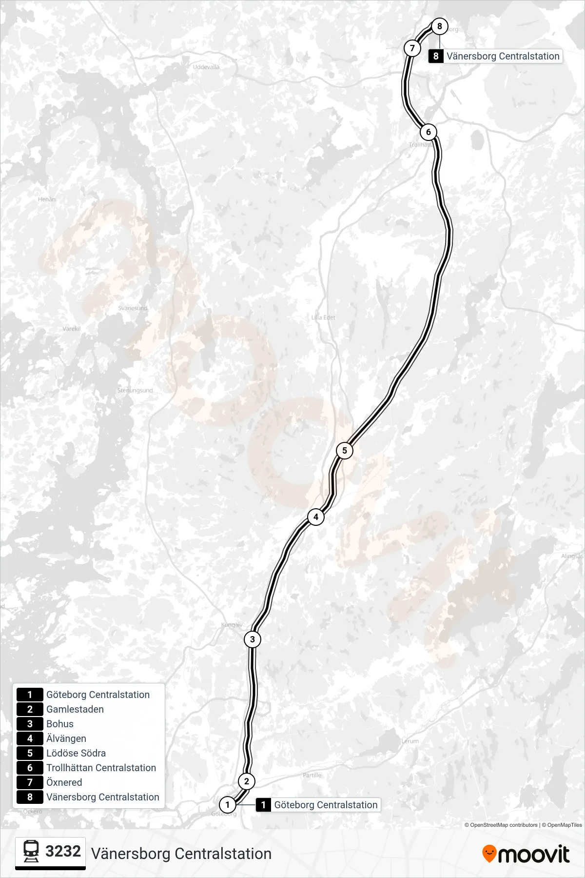 Rutt och hållplatser på karta för linje 3232 spårvagn, (Vänersborg Centralstation)