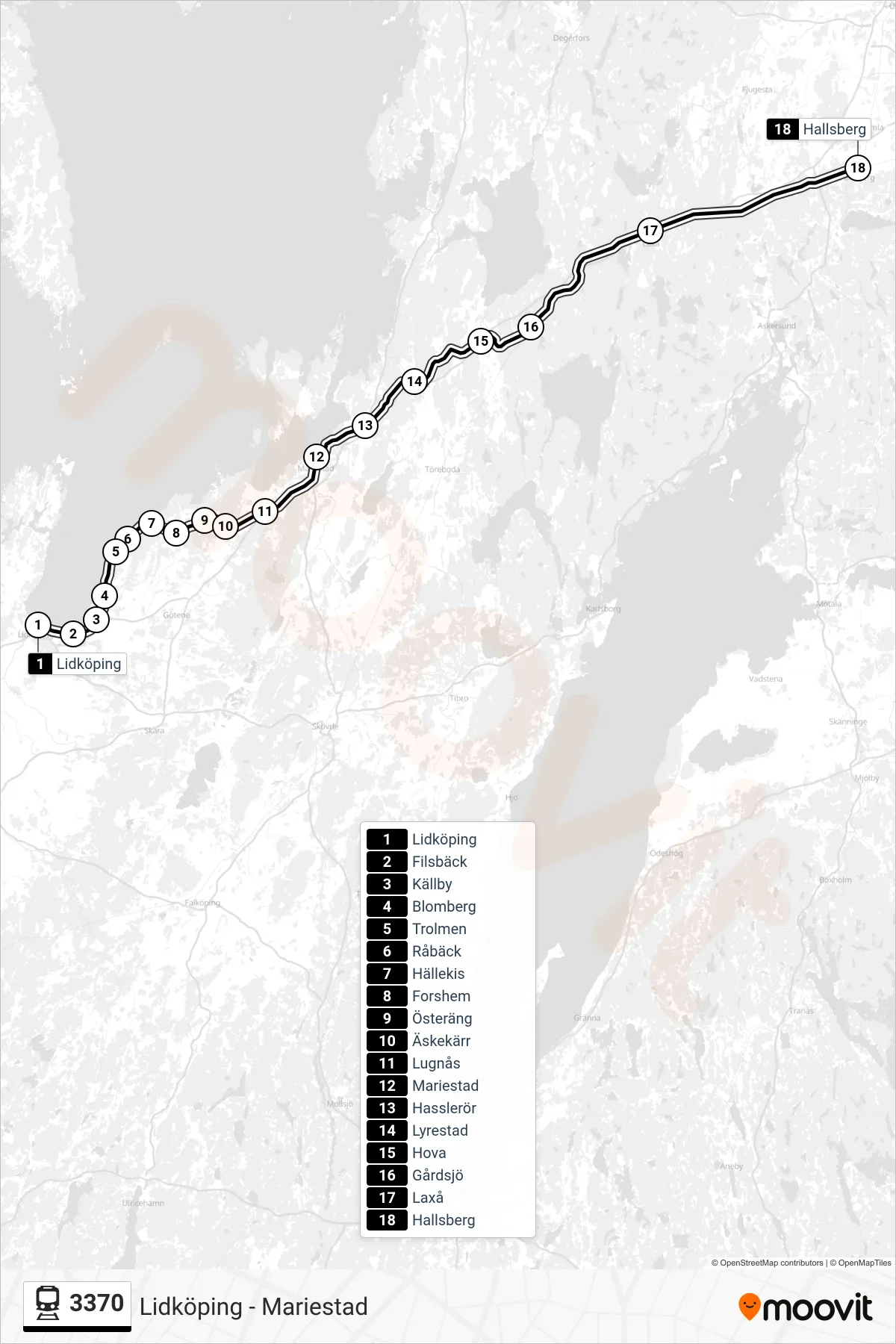 Rutt och hållplatser på karta för linje 3370 spårvagn, (Hallsberg Station)