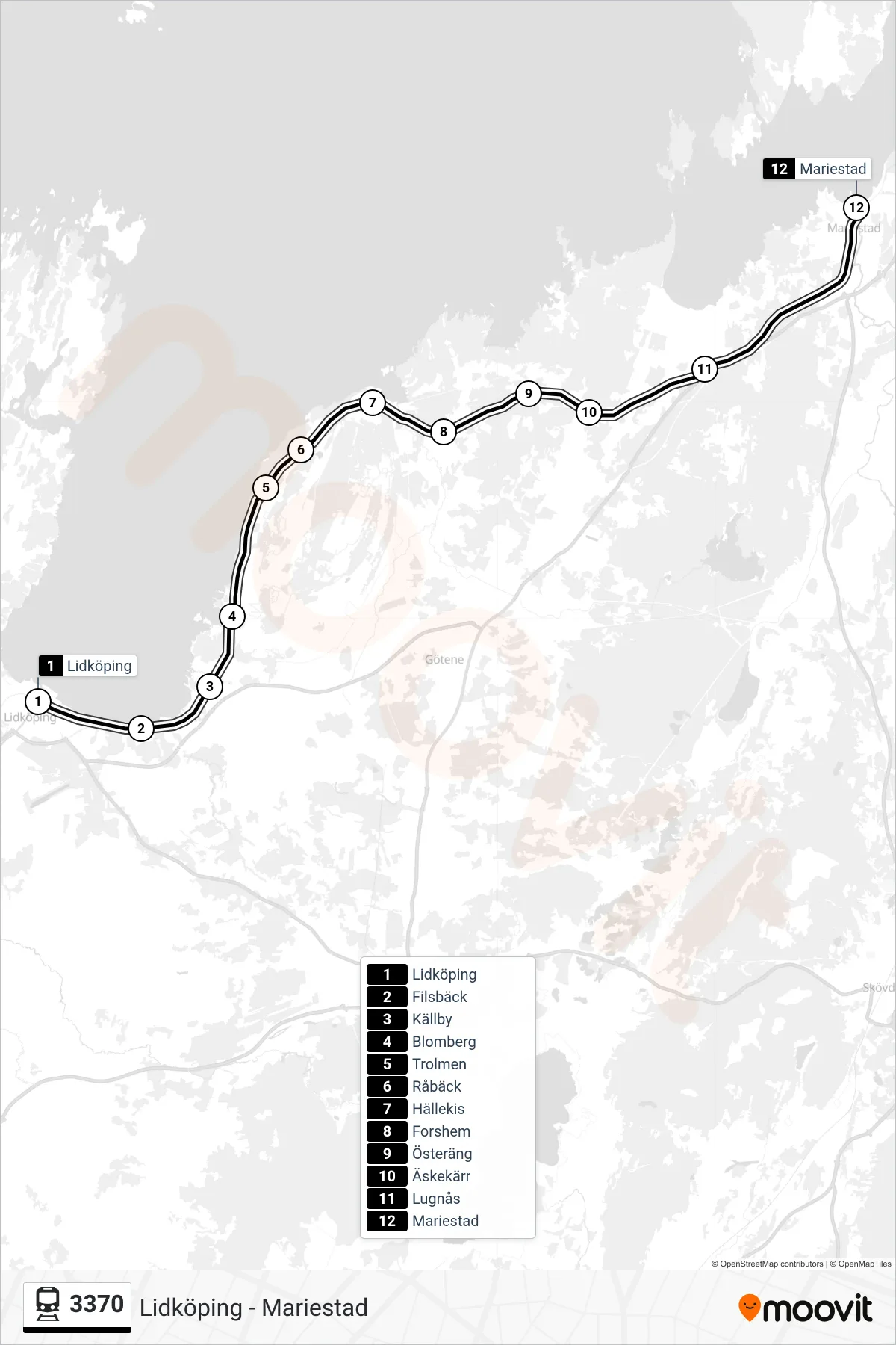 Rutt och hållplatser på karta för linje 3370 spårvagn, (Mariestad Station)