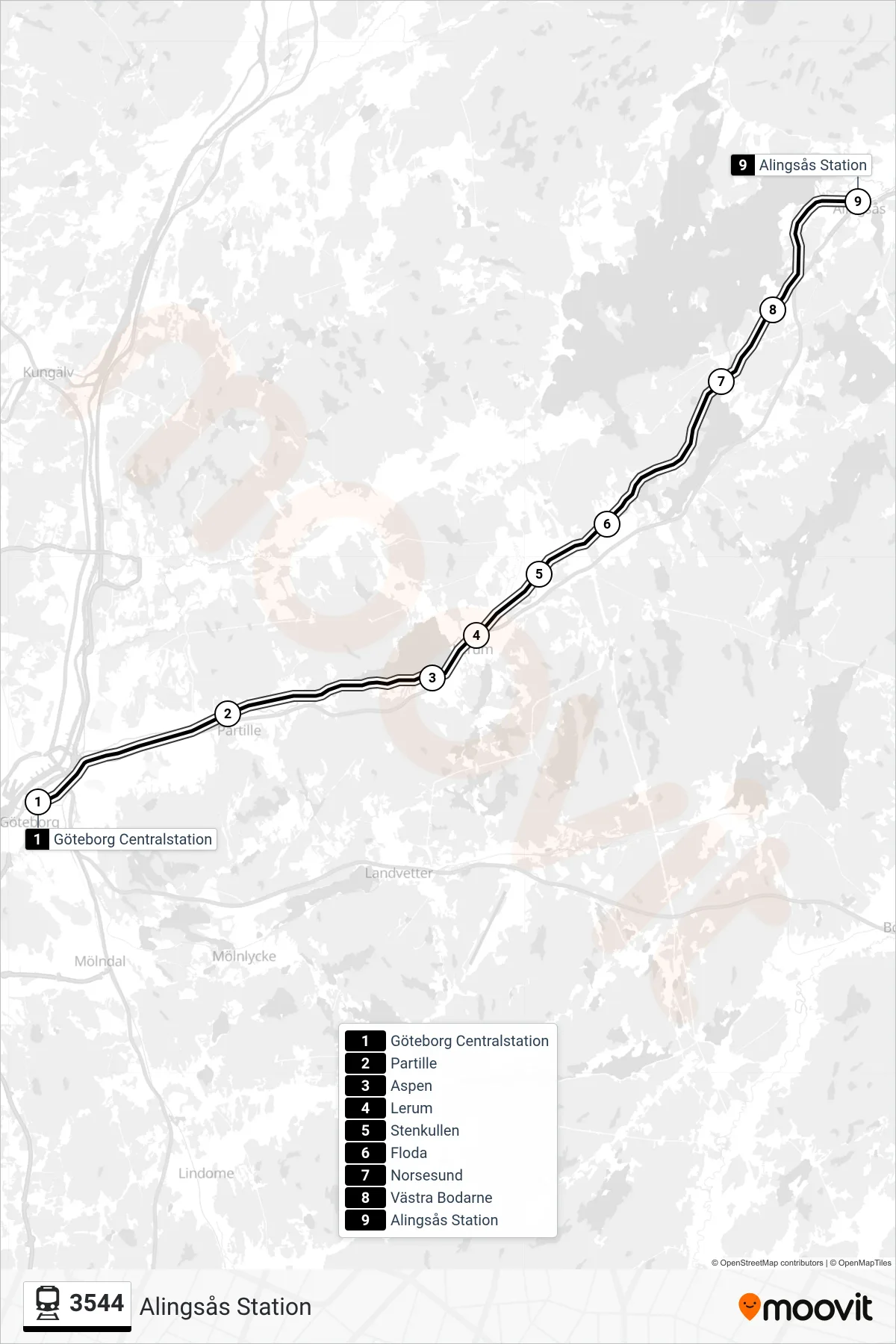 Rutt och hållplatser på karta för linje 3544  spårvagn, (Alingsås Station)