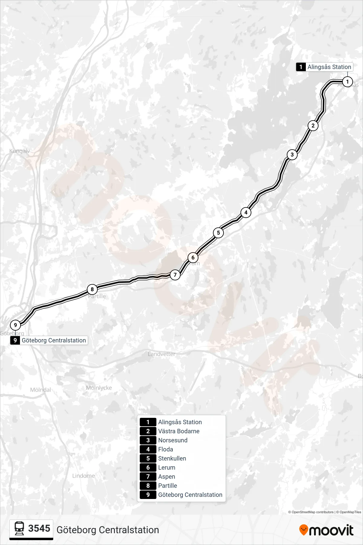 Rutt och hållplatser på karta för linje 3545 spårvagn, (Göteborg Centralstation)