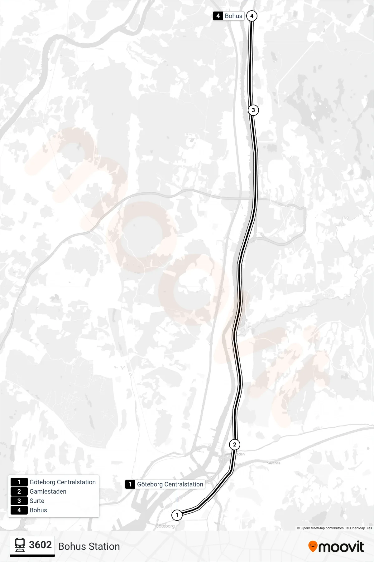 Rutt och hållplatser på karta för linje 3602 spårvagn, (Bohus Station)
