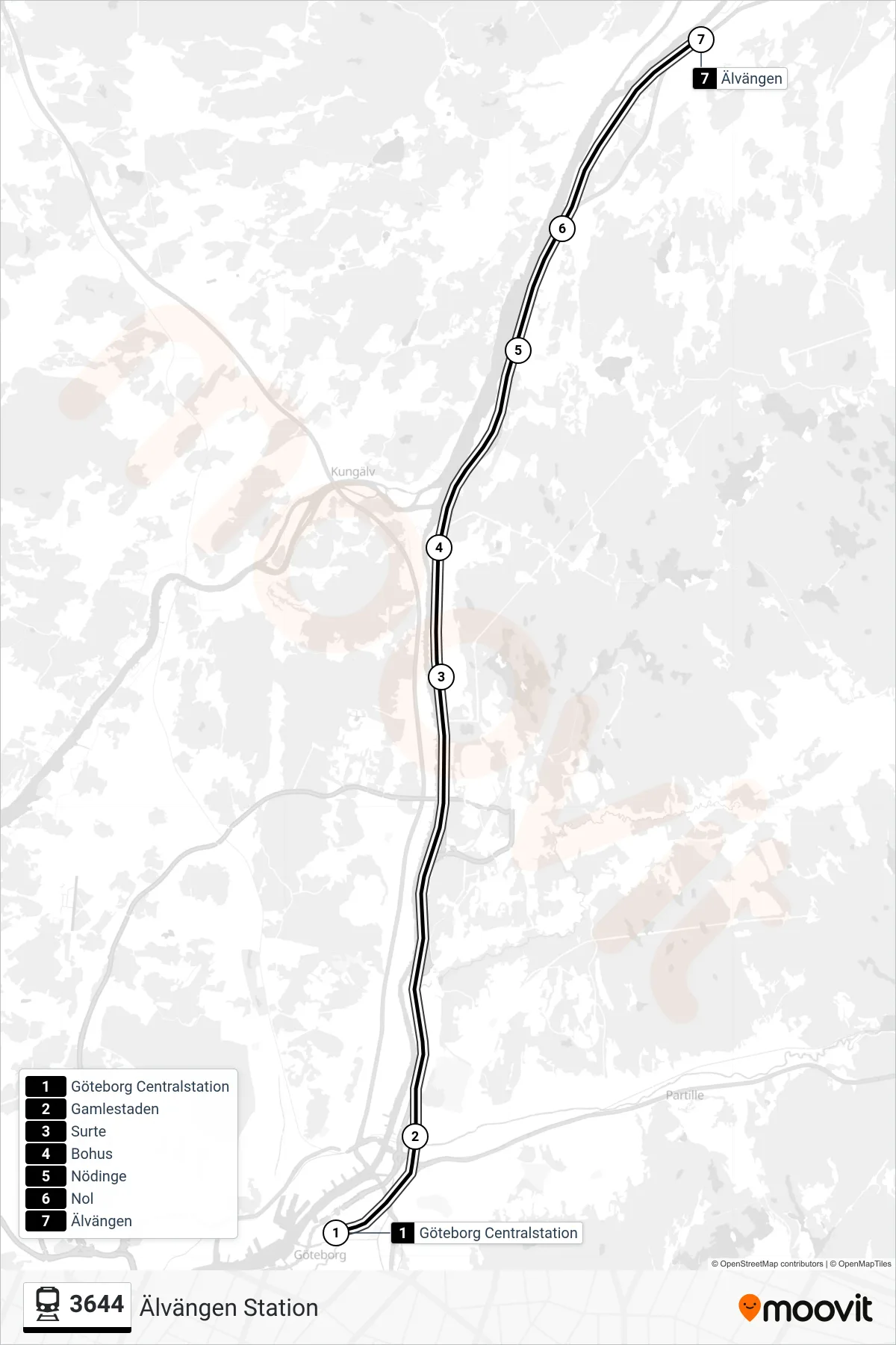 Rutt och hållplatser på karta för linje 3644  spårvagn, (Älvängen Station)