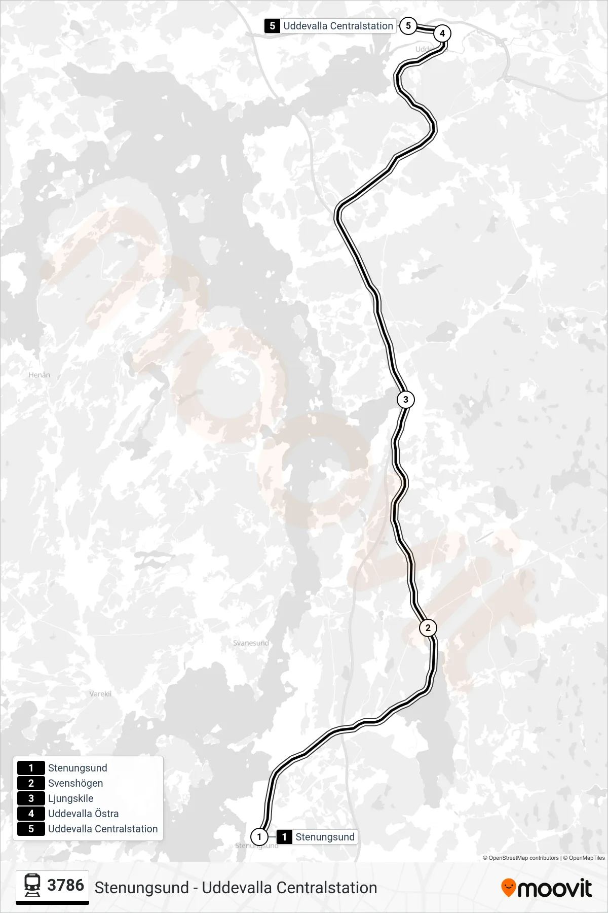 Rutt och hållplatser på karta för linje 3786  spårvagn, (Uddevalla Centralstation)