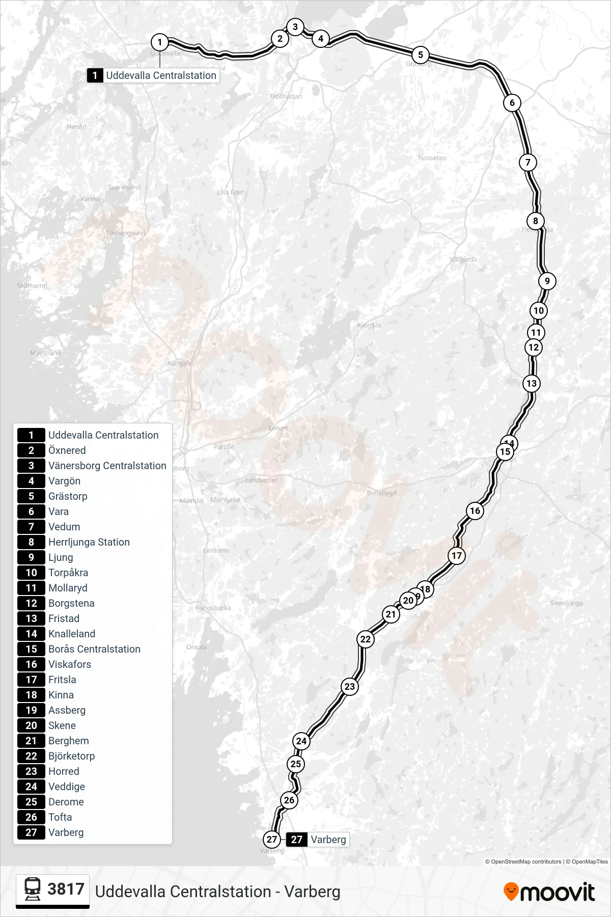 Rutt och hållplatser på karta för linje 3817 spårvagn, (Varberg Station)