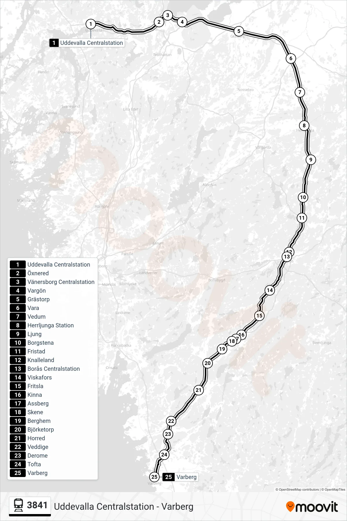 Rutt och hållplatser på karta för linje 3841 spårvagn, (Varberg Station)
