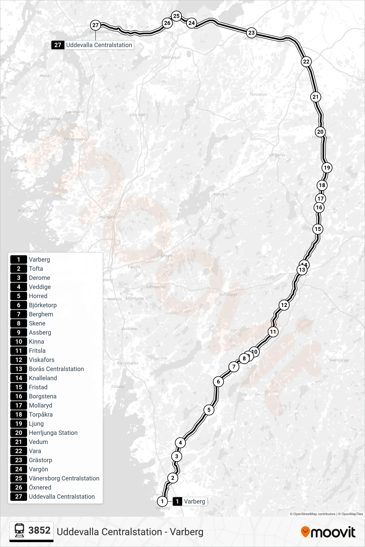 Rutt och hållplatser på karta för linje 3852  spårvagn, (Uddevalla Centralstation)