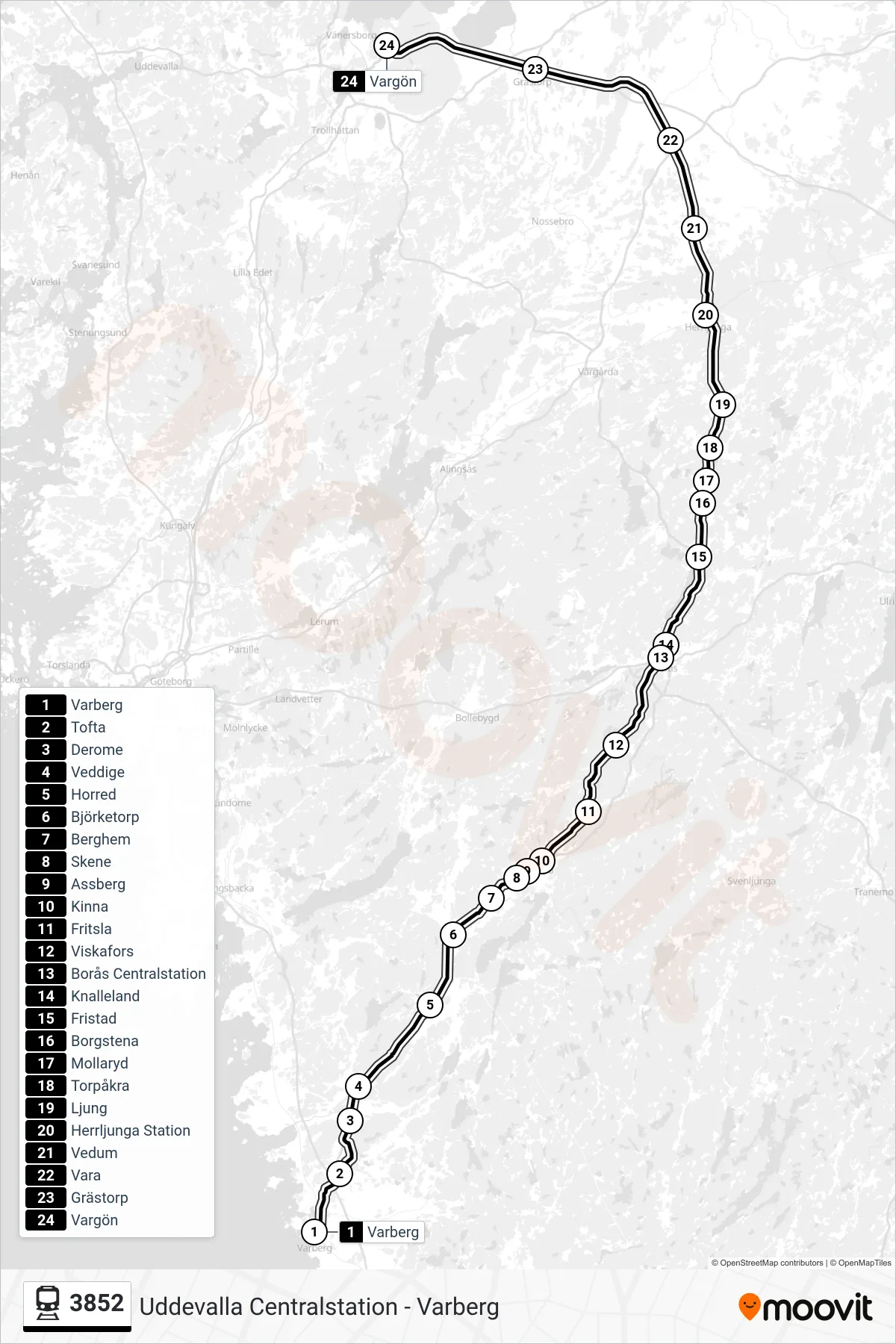 Rutt och hållplatser på karta för linje 3852  spårvagn, (Vargön Station)